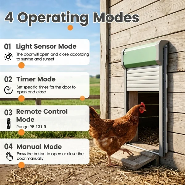 Solar Powered Automatic Chicken Coop Door with 4 Modes Light Sensor Timer Remote Control, Anti-Pinch Weatherproof Aluminum Opener for Chickens Ducks Rabbits Poultry view 5