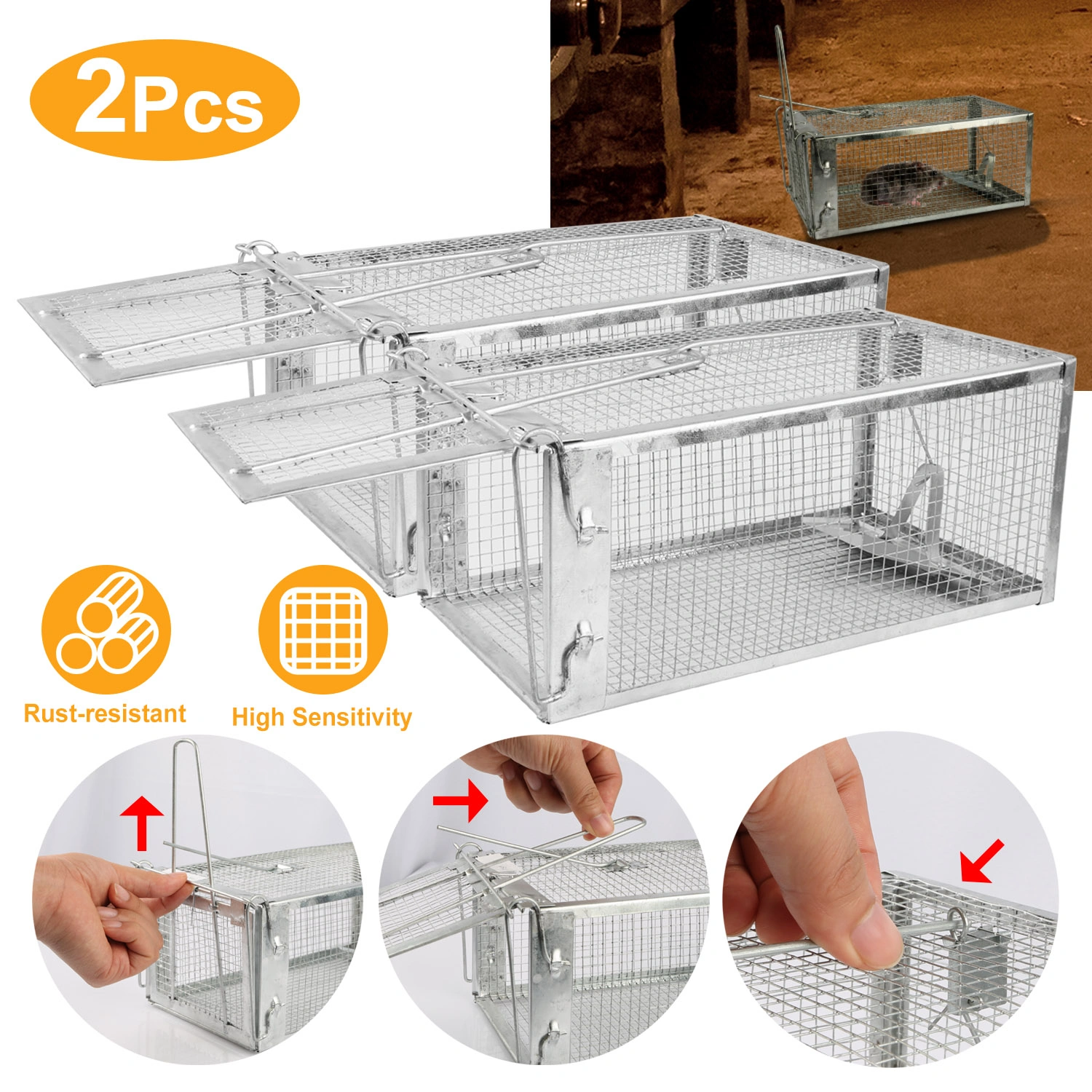 2 pcs Humane Mouse Trap, High Sensitivity Gravity Pedal Auto-Lock Rodent Trap - Sturdy Galvanized Steel, Escape-Proof Small Mesh Design, Safe for Kids & Pets, Easy to Use Indoors/Outdoors for Mice view 2
