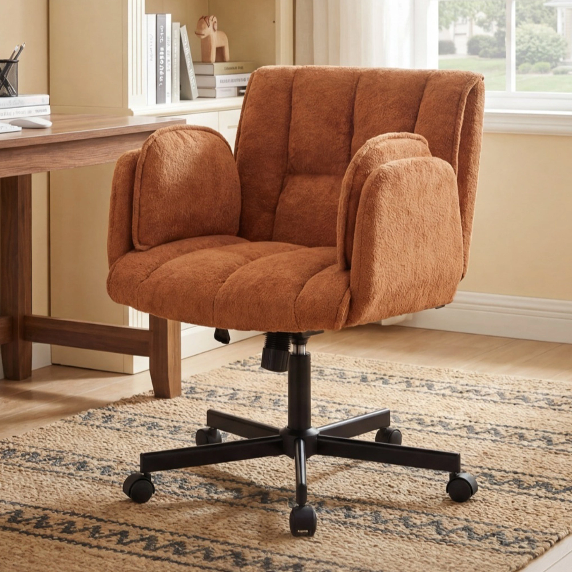 Home office chair, swivel chair, desk chair with casters, rotatable office chair with foldable armrests, load capacity 150kg, height adjustable, orange