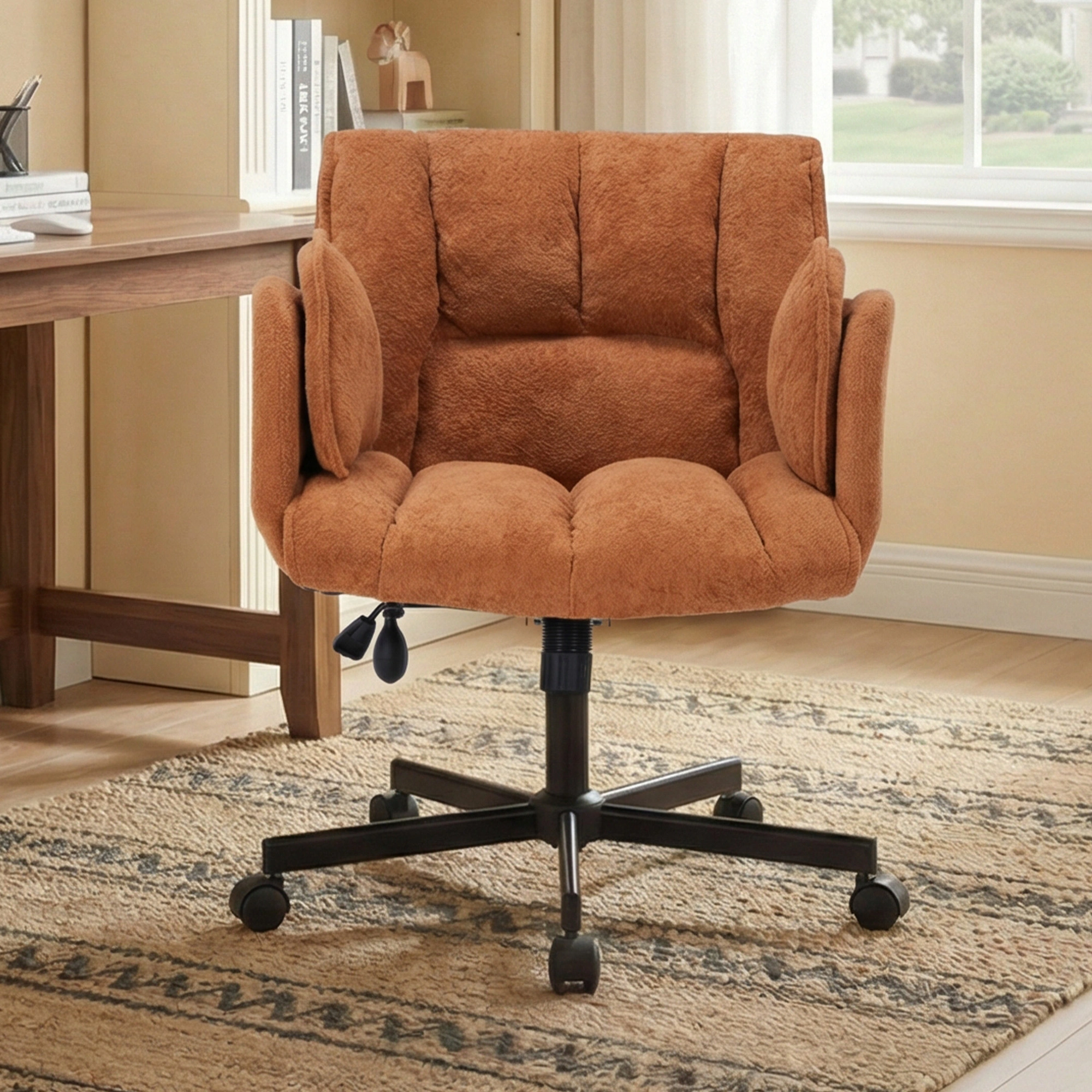 Home office chair, swivel chair, desk chair with casters, rotatable office chair with foldable armrests, load capacity 150kg, height adjustable, orange view 2