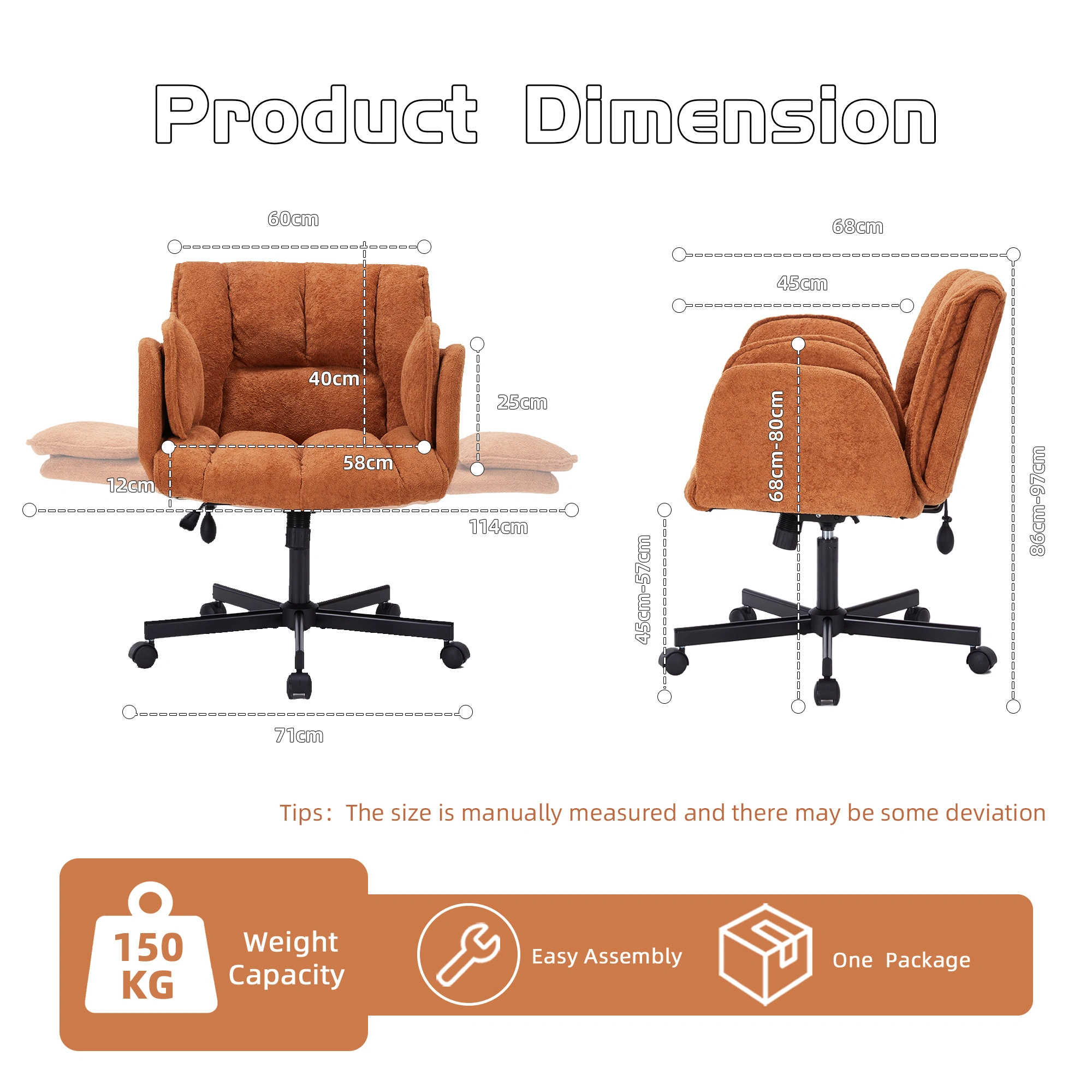 Home office chair, swivel chair, desk chair with casters, rotatable office chair with foldable armrests, load capacity 150kg, height adjustable, orange view 3
