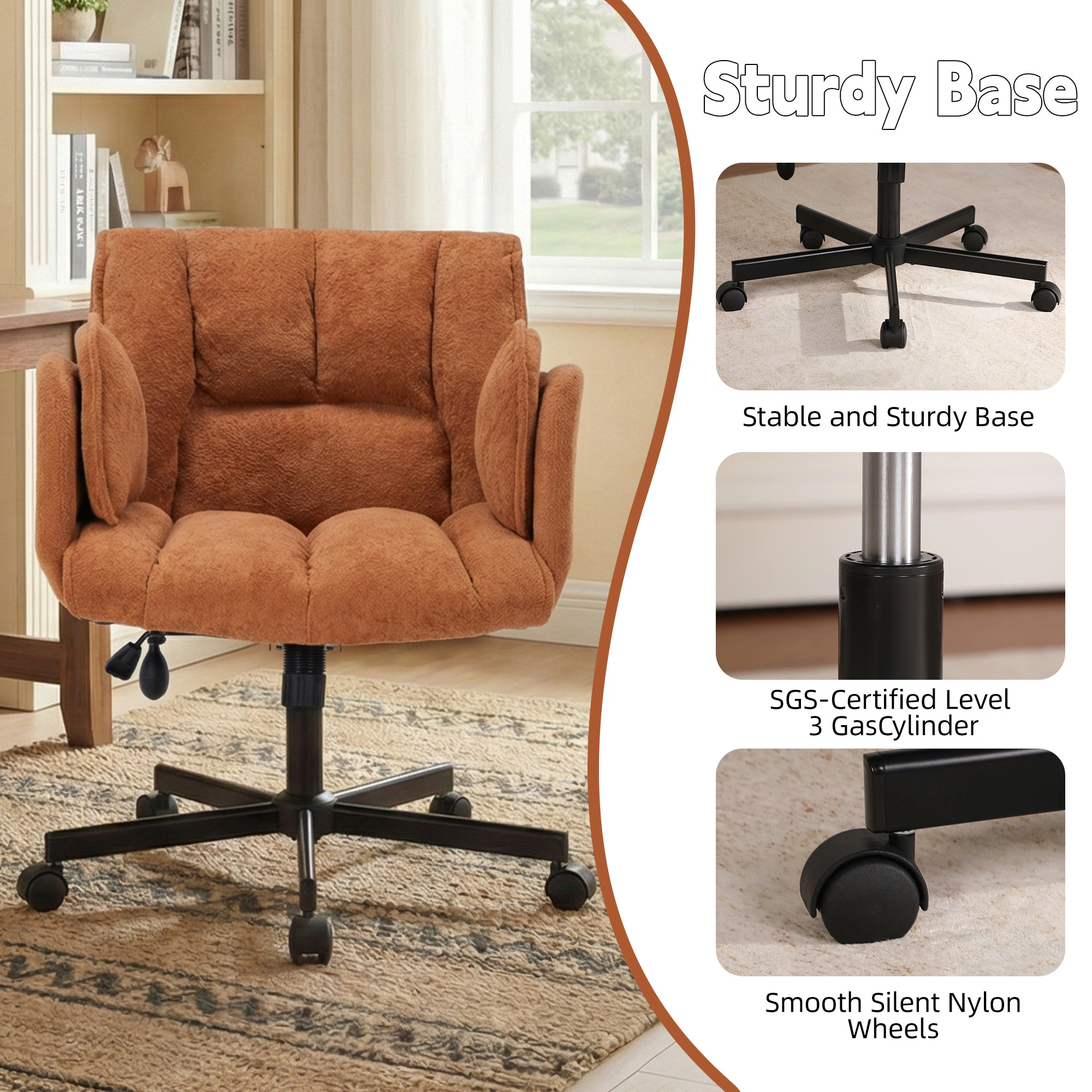 Home office chair, swivel chair, desk chair with casters, rotatable office chair with foldable armrests, load capacity 150kg, height adjustable, orange view 5