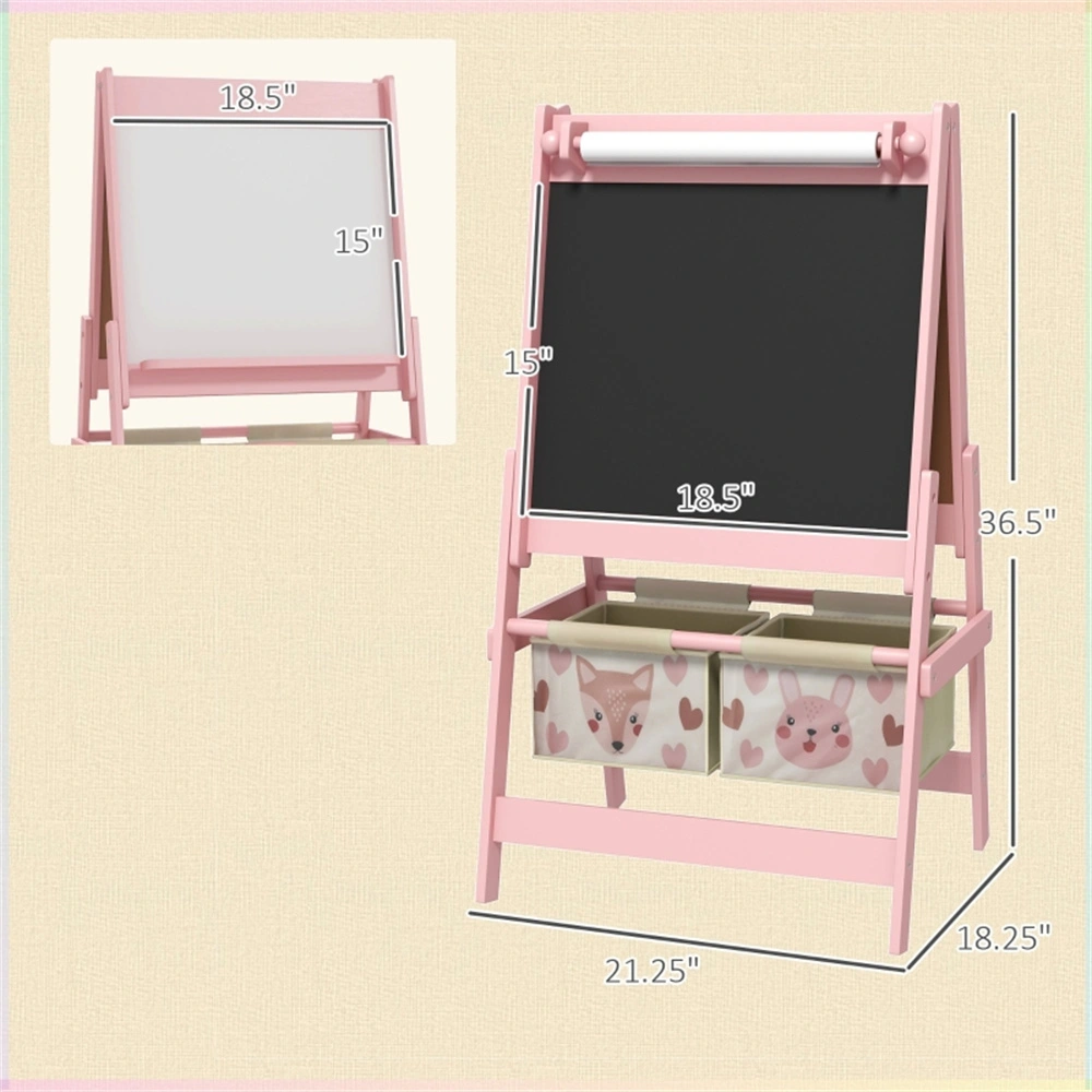 Kids Art Easel, Double-Sided Drawing Board with Paper Roll, Adjustable Height, Sturdy Wooden Craft Station for Toddlers & Children view 2