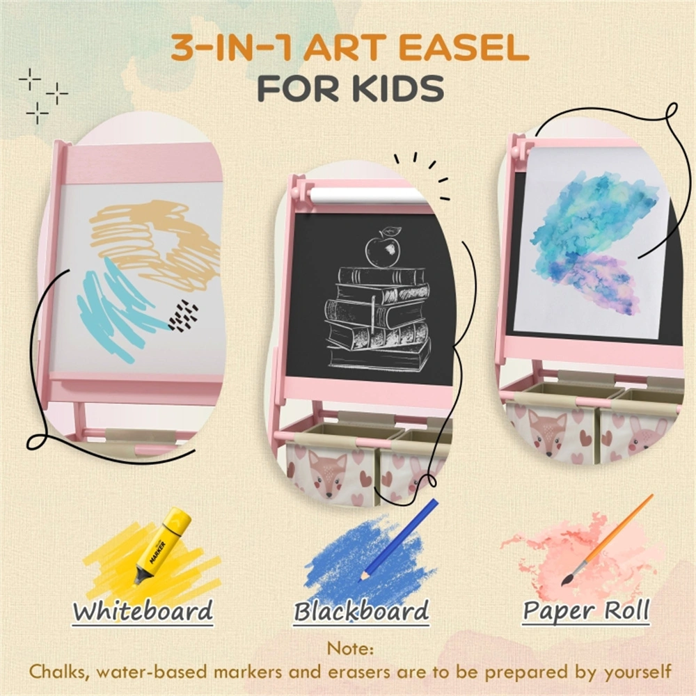 Kids Art Easel, Double-Sided Drawing Board with Paper Roll, Adjustable Height, Sturdy Wooden Craft Station for Toddlers & Children view 3