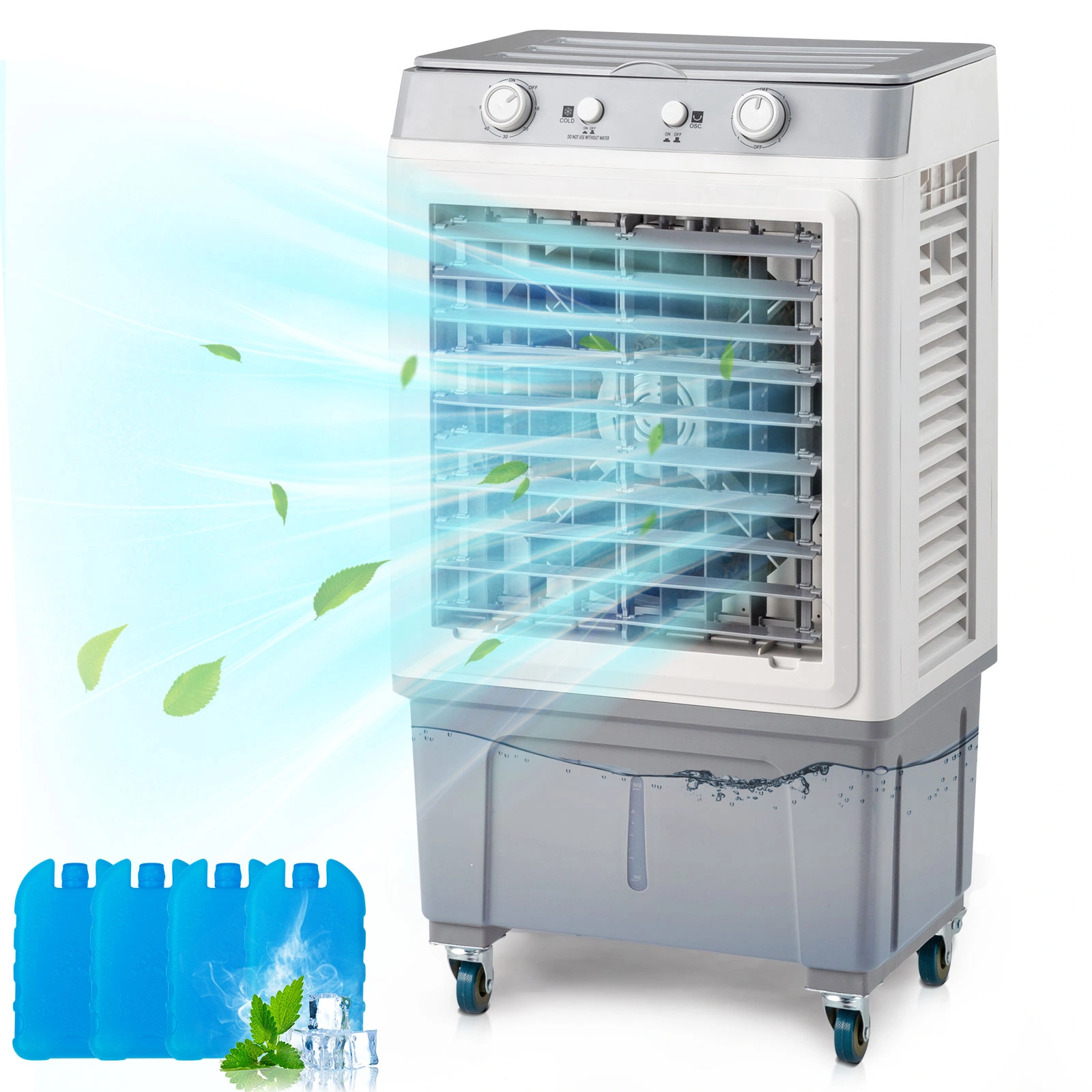 3 in 1 Portable Evaporative Cooler,Indoor,Outdoor,2353CFM Personal Air Cooler,7.9 Gal Large Water Tank & Scroll Casters, 4 Ice Packs,White,Manual control