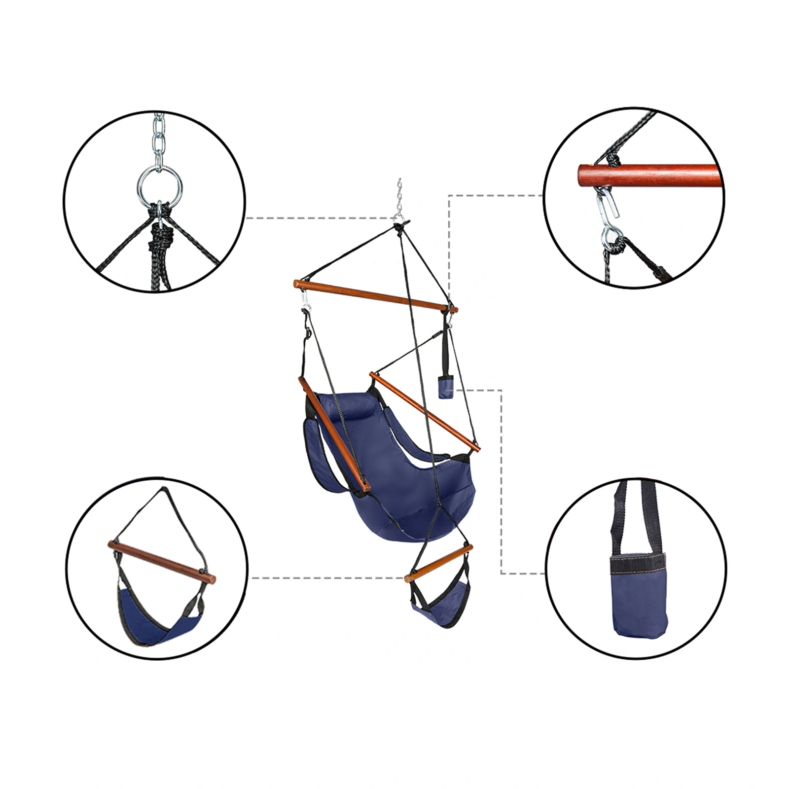 Oxford Cloth Hardwood With Cup Holder Wooden Stick Perforated 100kg Seaside Courtyard Oxford Cloth Hanging Chair Blue view 16