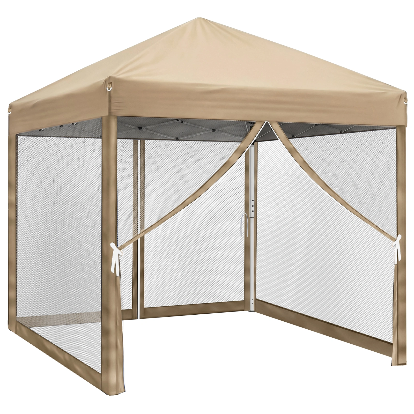 10'x10' Pop Up Screen Canopy Tent - Khaki 210D Oxford, Instant Folding Gazebo, 4 Mesh Sidewalls, 2 Zipper Doors, White Powder Coated Steel Frame, Carry Bag, No Sandbags, Outdoor Patio Camping Shelter