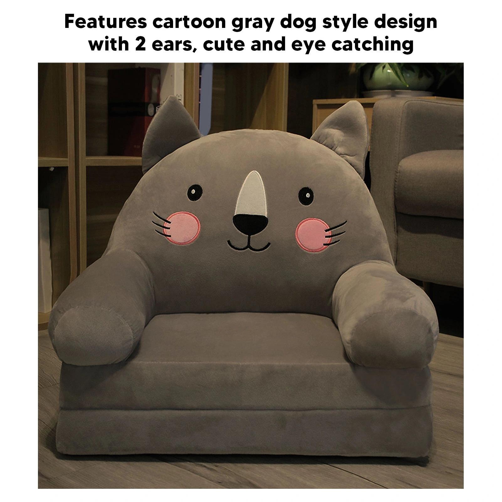 Toddler Sofa Chair, Gray Cartoon Foldable with Wide Handle, Stable Backrest Breathable Baby Seat for Bedroom, 2 Layers