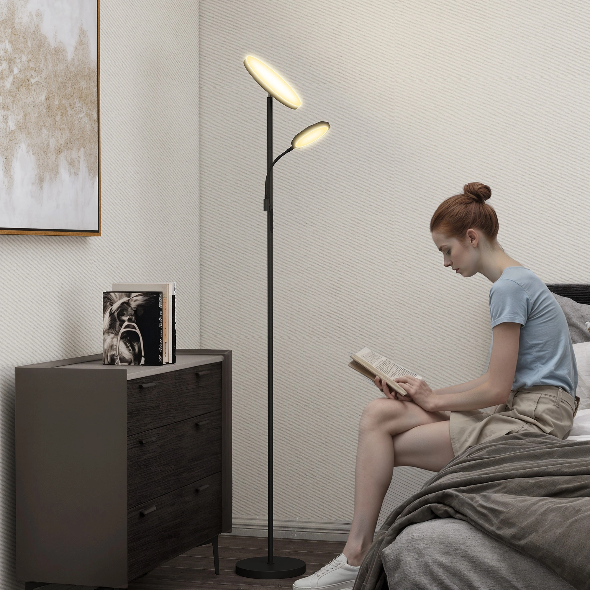 Floor Lamp 62" Standing Lamp with Shelf Wooden Base 3 Color Temperatures LED Bulb Included Reading Light for Living Room