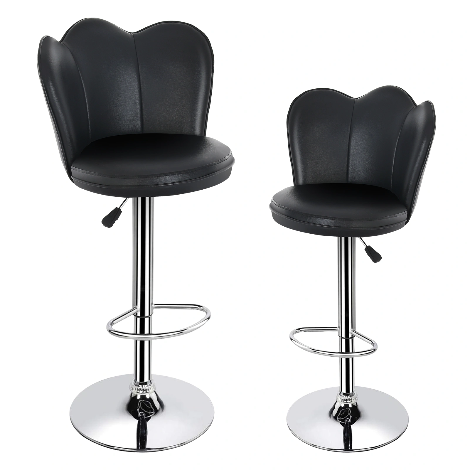 Set of 2 Swivel Bar Stools with Backs, Adjustable Counter Height Bar Chairs, Modern PU Leather Upholstered Barstools for Kitchen Island, Black