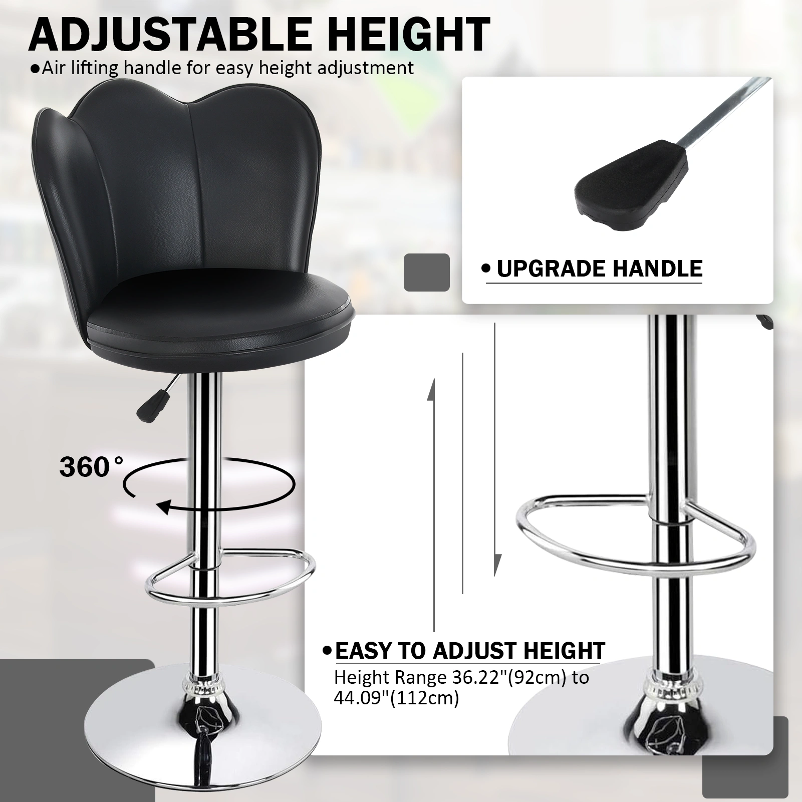 Set of 2 Swivel Bar Stools with Backs, Adjustable Counter Height Bar Chairs, Modern PU Leather Upholstered Barstools for Kitchen Island, Black view 2