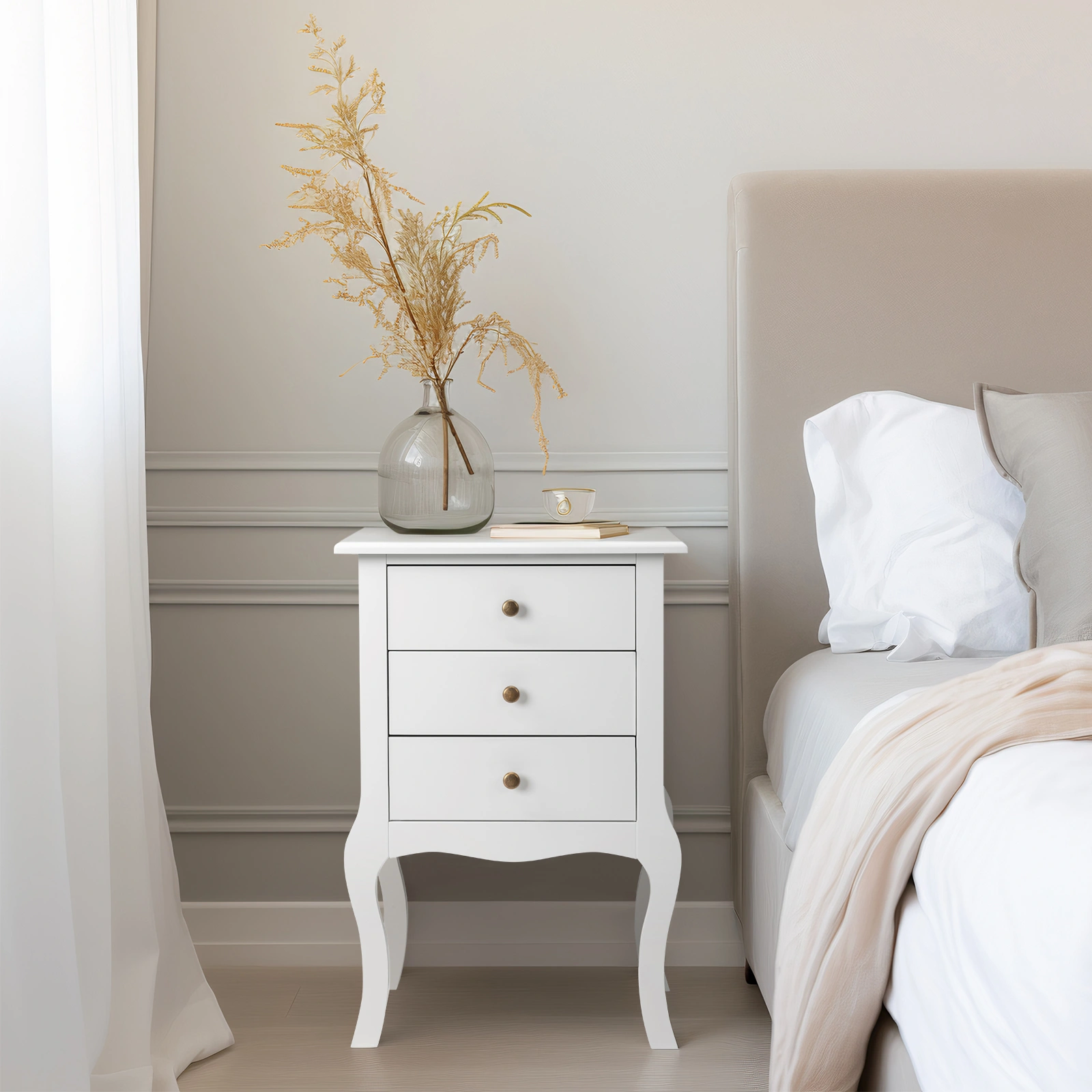 European Style Bedside Table with 3 Drawers - White Nightstand view 2
