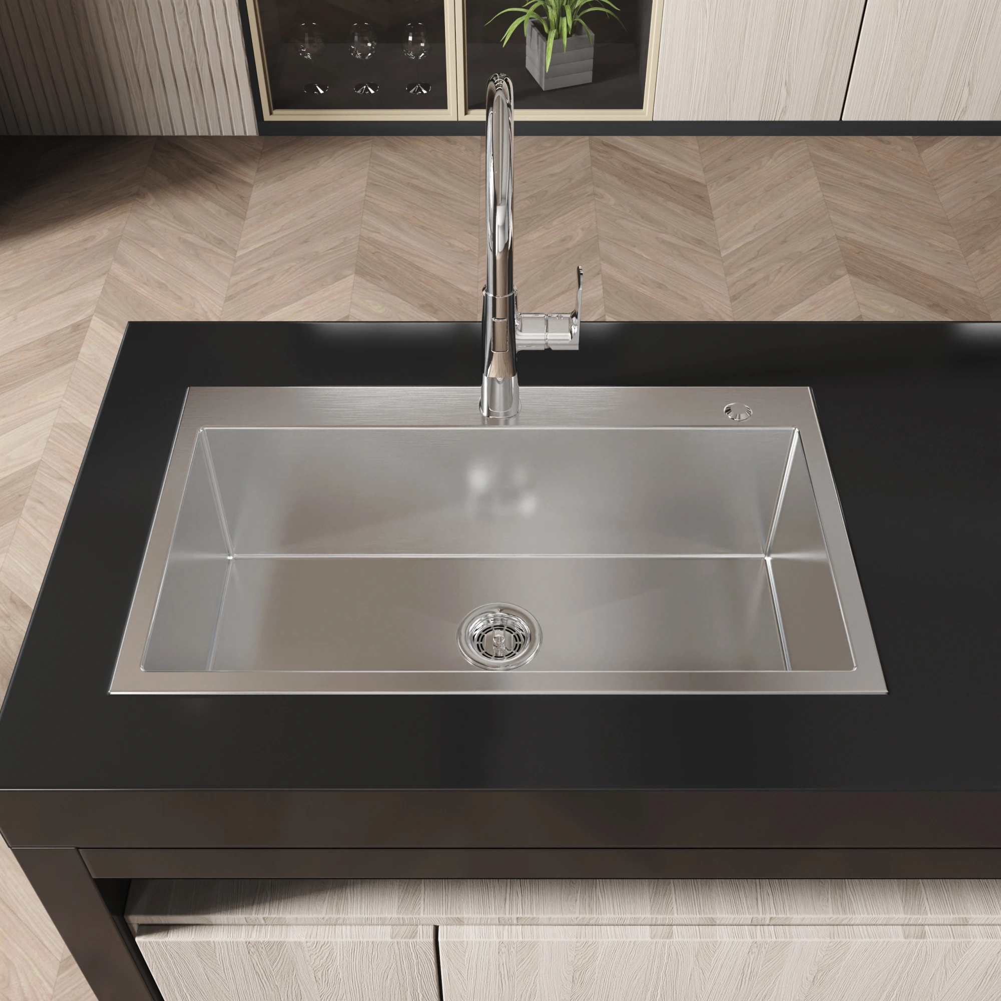 Handmade Stainless Steel Kitchen Sink 32x19 Inch Single Bowl Overmount Dark Gray with US Standard Drain & Hook