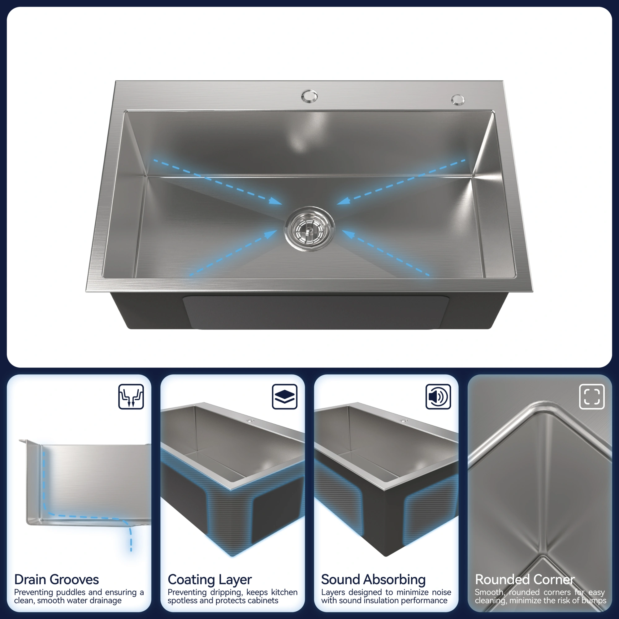 Handmade Stainless Steel Kitchen Sink 32x19 Inch Single Bowl Overmount Dark Gray with US Standard Drain & Hook view 2