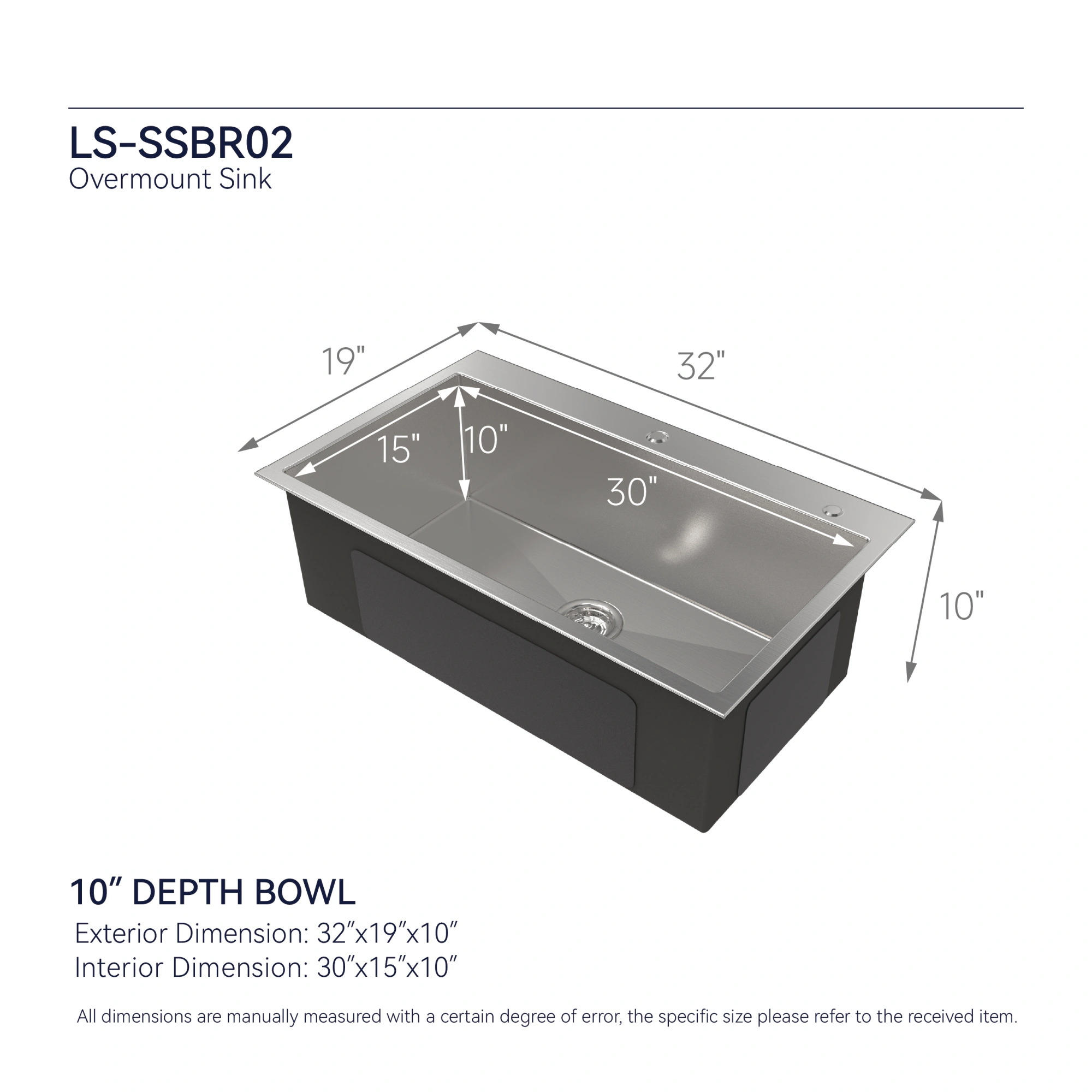 Handmade Stainless Steel Kitchen Sink 32x19 Inch Single Bowl Overmount Dark Gray with US Standard Drain & Hook view 3