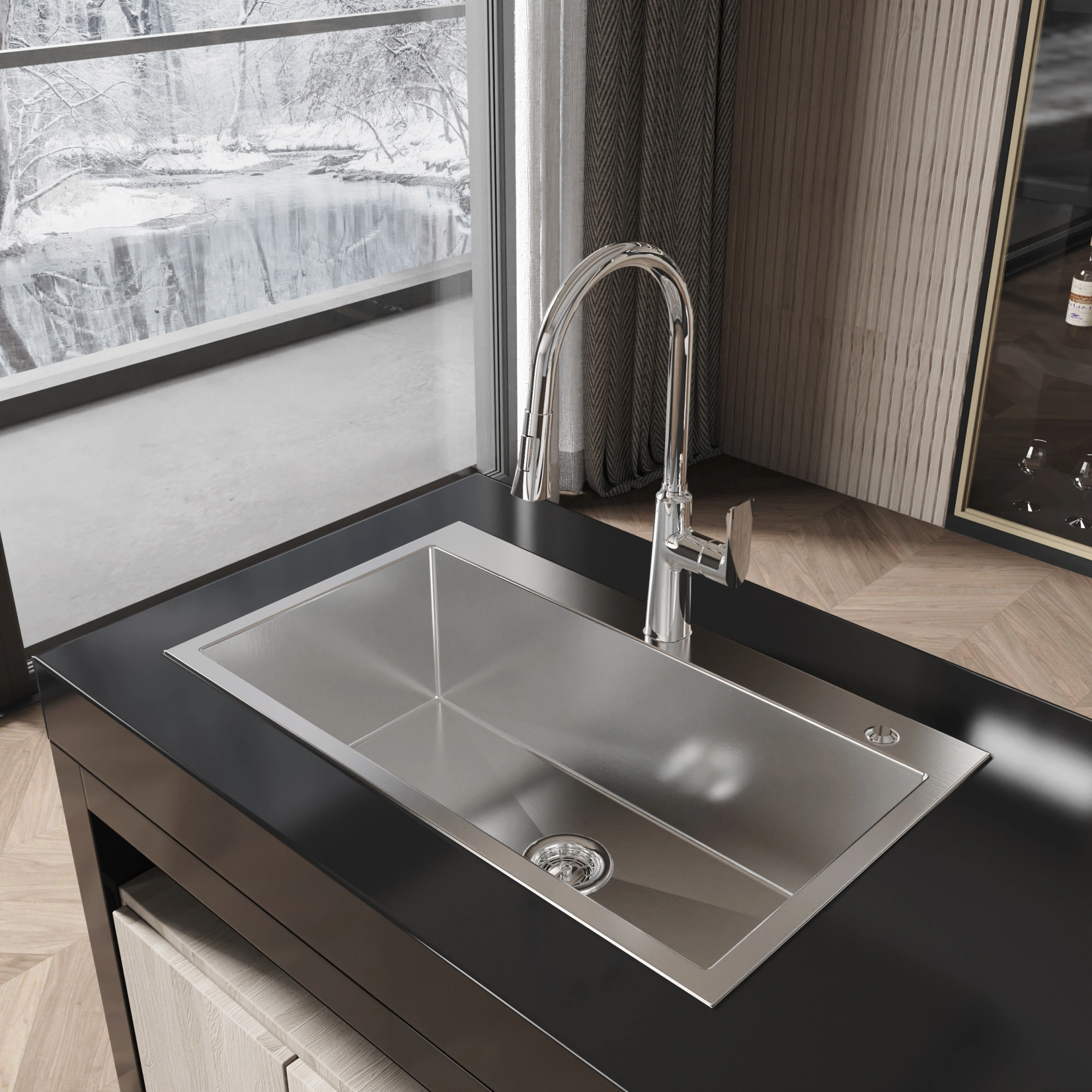 Handmade Stainless Steel Kitchen Sink 32x19 Inch Single Bowl Overmount Dark Gray with US Standard Drain & Hook view 4