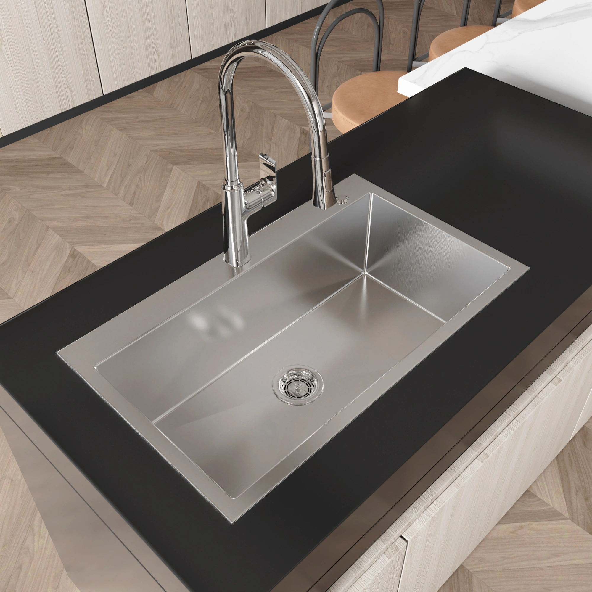 Handmade Stainless Steel Kitchen Sink 32x19 Inch Single Bowl Overmount Dark Gray with US Standard Drain & Hook view 6