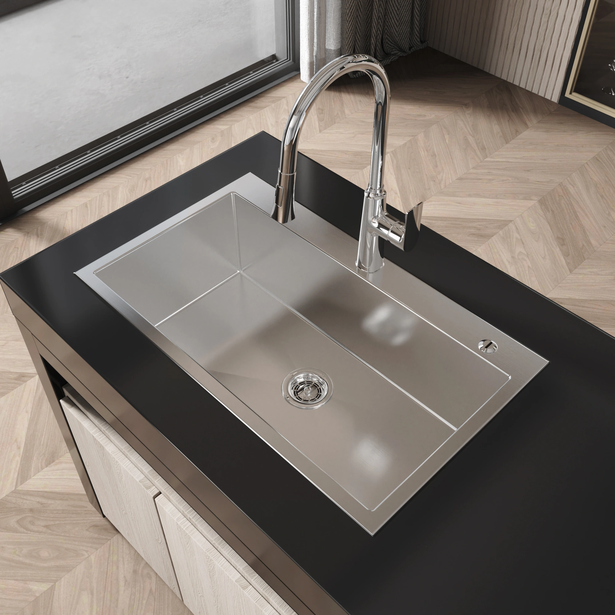 Handmade Stainless Steel Kitchen Sink 32x19 Inch Single Bowl Overmount Dark Gray with US Standard Drain & Hook view 7