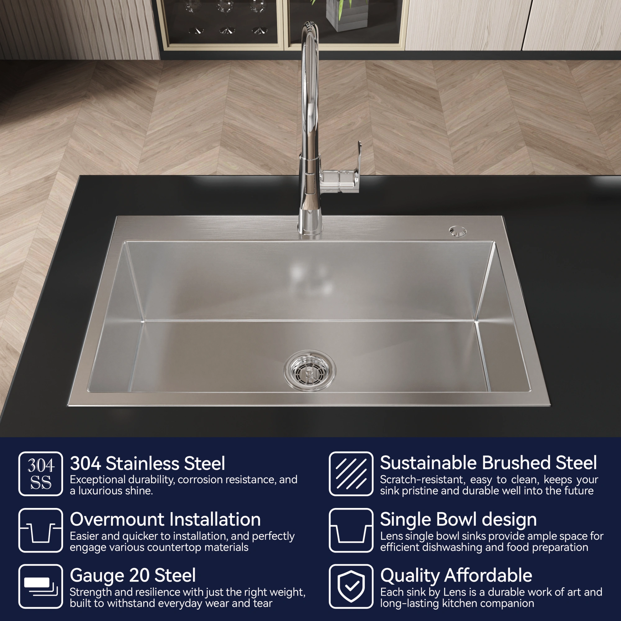 Handmade Stainless Steel Kitchen Sink 32x19 Inch Single Bowl Overmount Dark Gray with US Standard Drain & Hook view 9