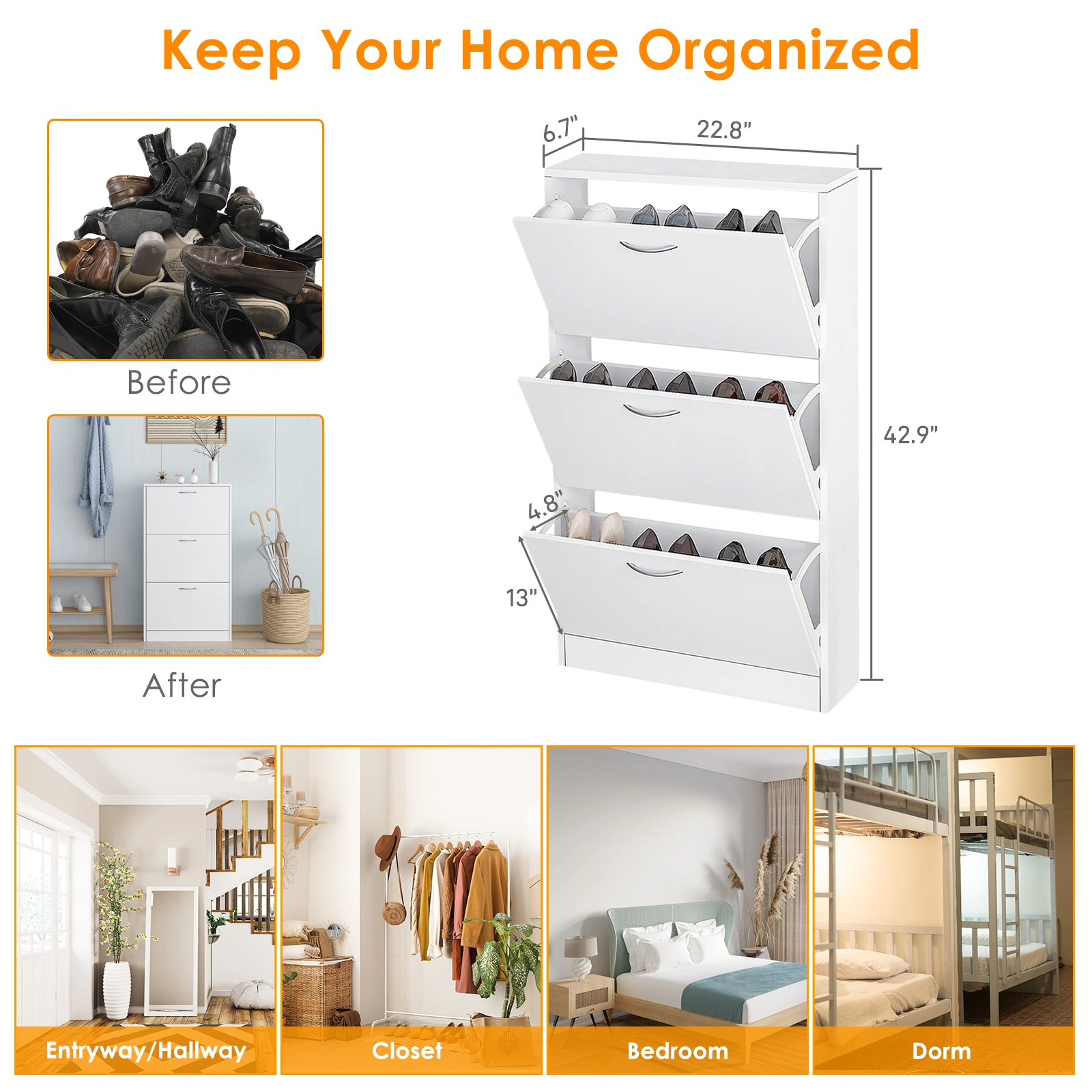 Shoe Cabinet for Entryway, White Narrow Shoe Storage Cabinet Flip Down Shoe Rack Wood 3 Tier Shoe Organizer for Home and Apartment view 3