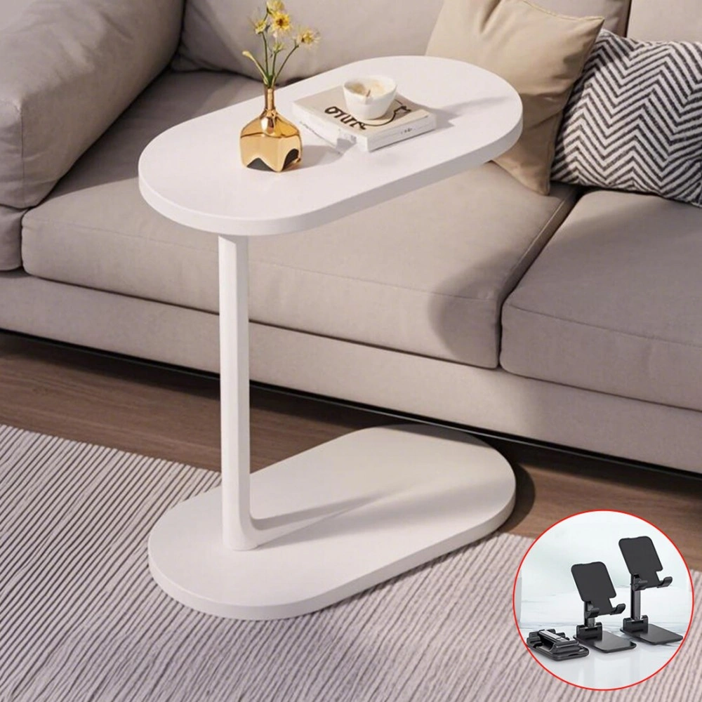 C-Shaped Sofa Side End Table, Compact Coffee Laptop Table for Living Room Bedroom, White, UK