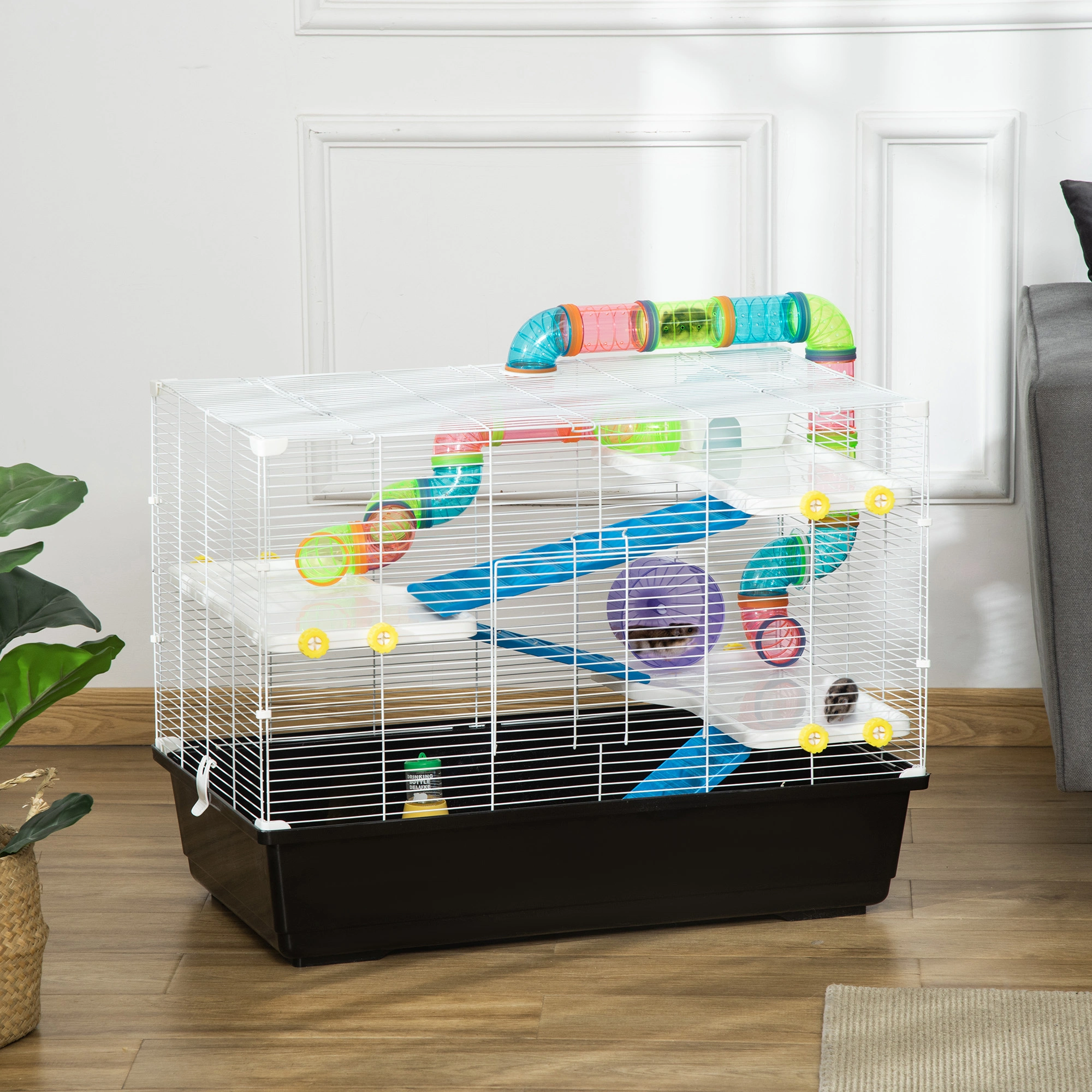Large Hamster Cage with Tubes, Wheels & Platforms - Multi-Level Small Pet Habitat for Hamsters, Gerbils, Guinea Pigs