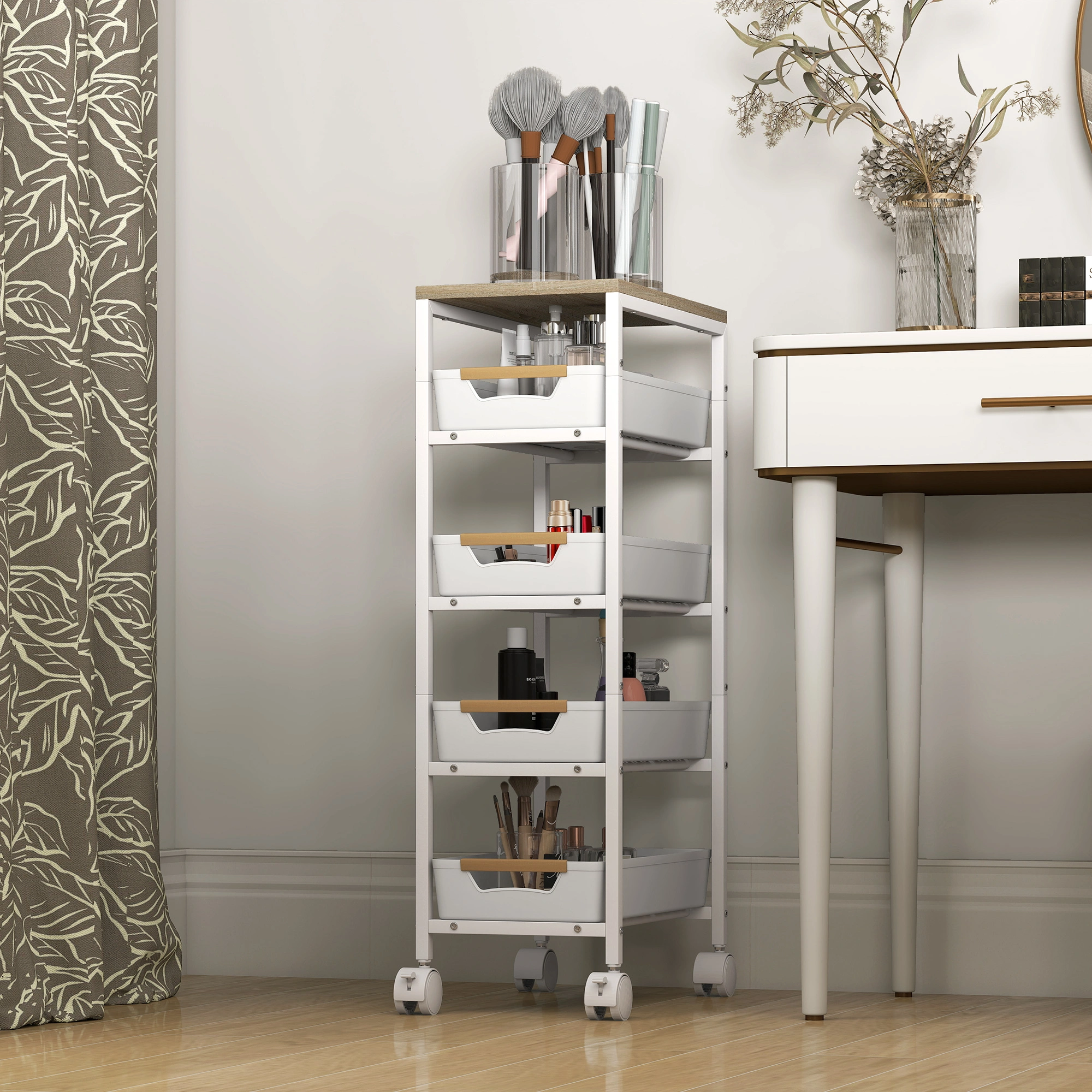 Multi-Layer Rolling Storage Trolley Cart with Wheels, Portable Organizer Shelf for Kitchen Bathroom Office
