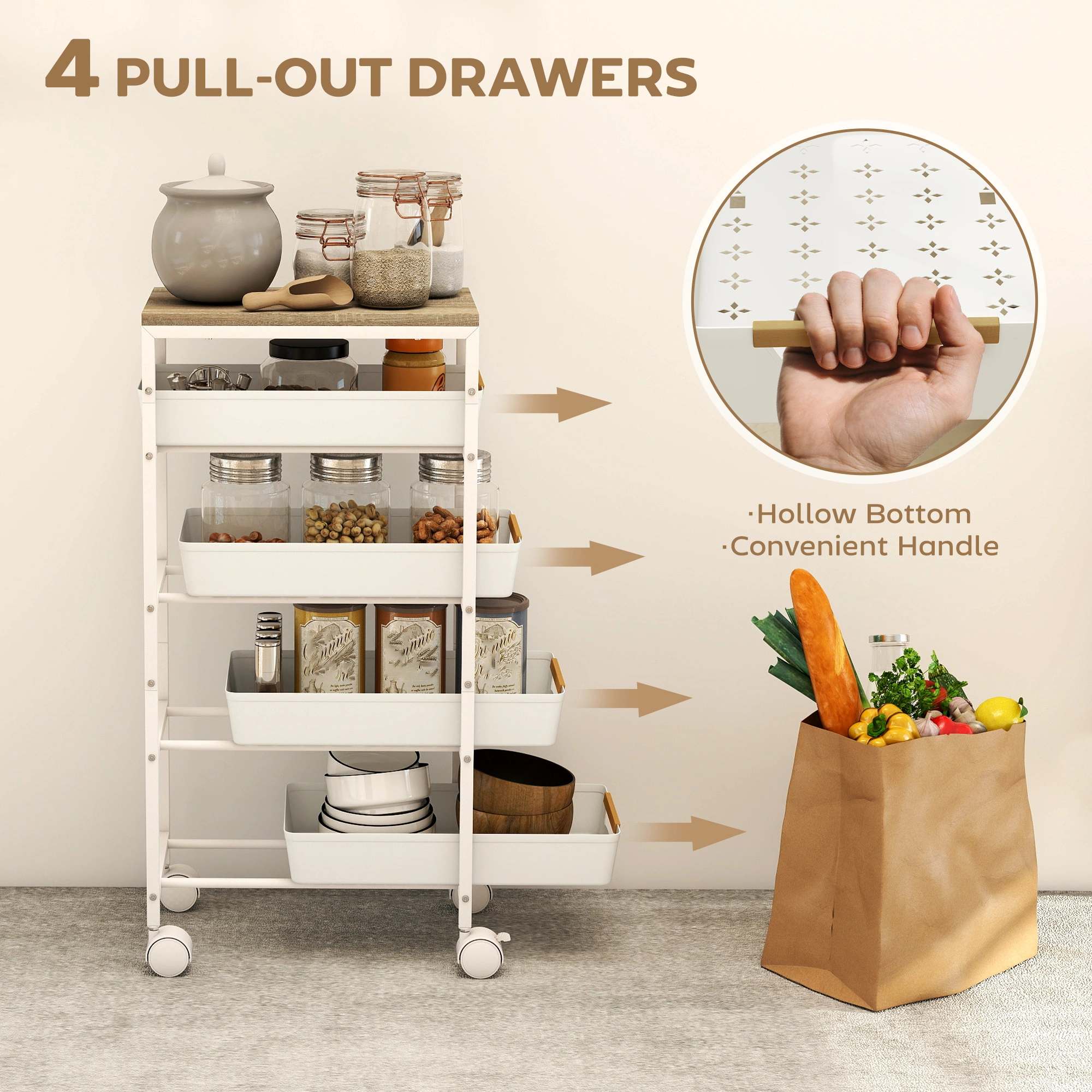 Multi-Layer Rolling Storage Trolley Cart with Wheels, Portable Organizer Shelf for Kitchen Bathroom Office view 4