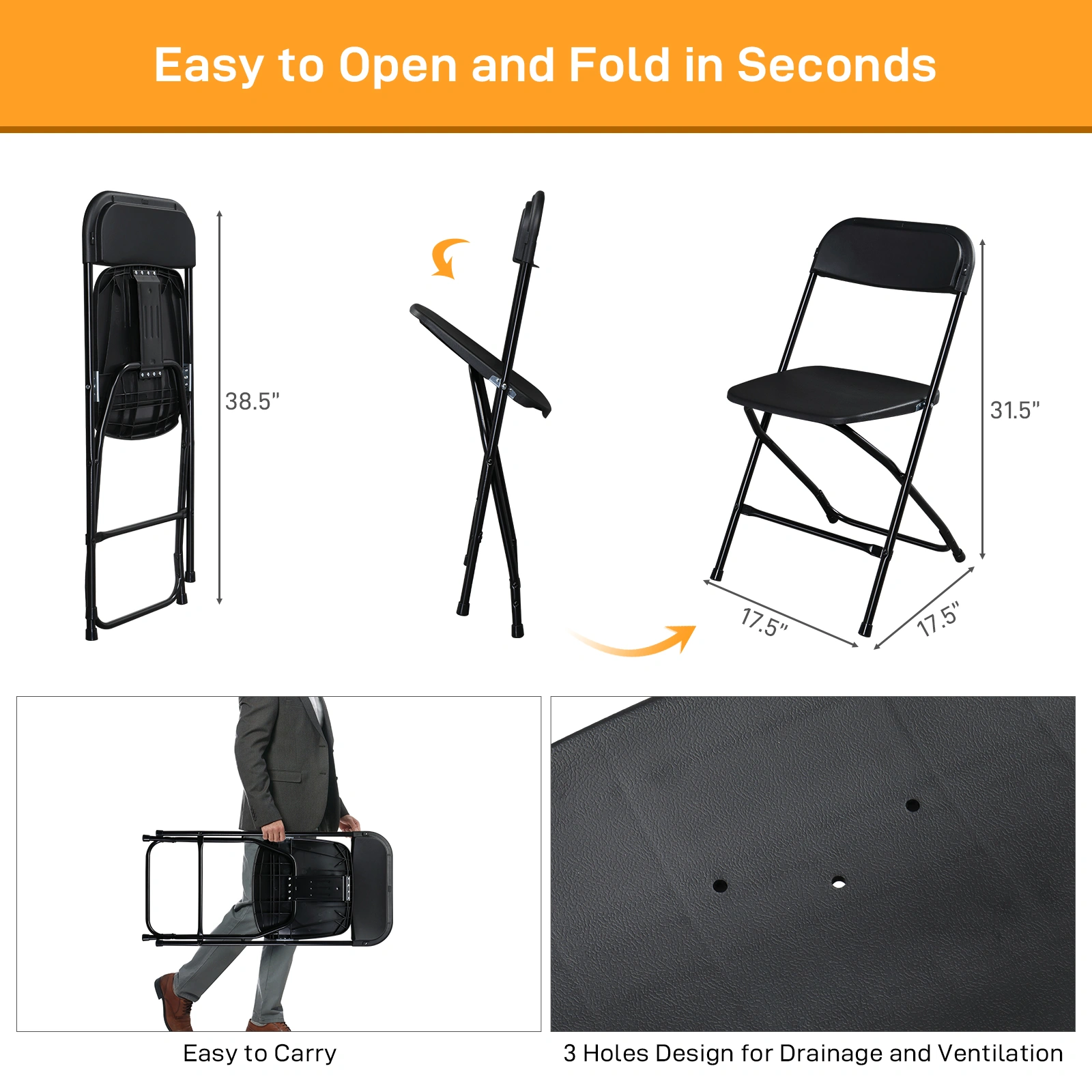 4pcs Injection Molding Classic Garden Plastic Folding Chair Black view 13