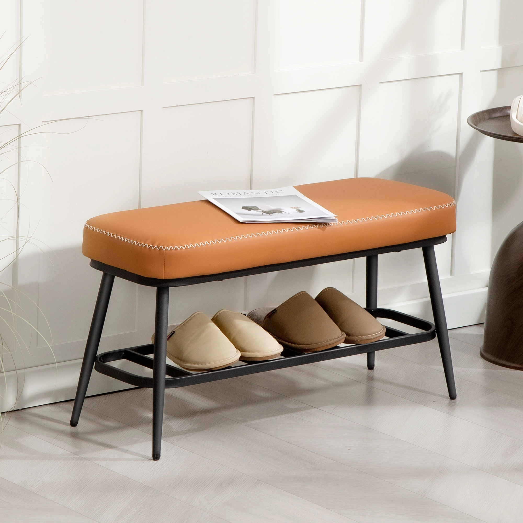 Leather Shoe Storage Bench for Entryway - Padded Sitting Bench with Hidden Shoe Organizer Compartment