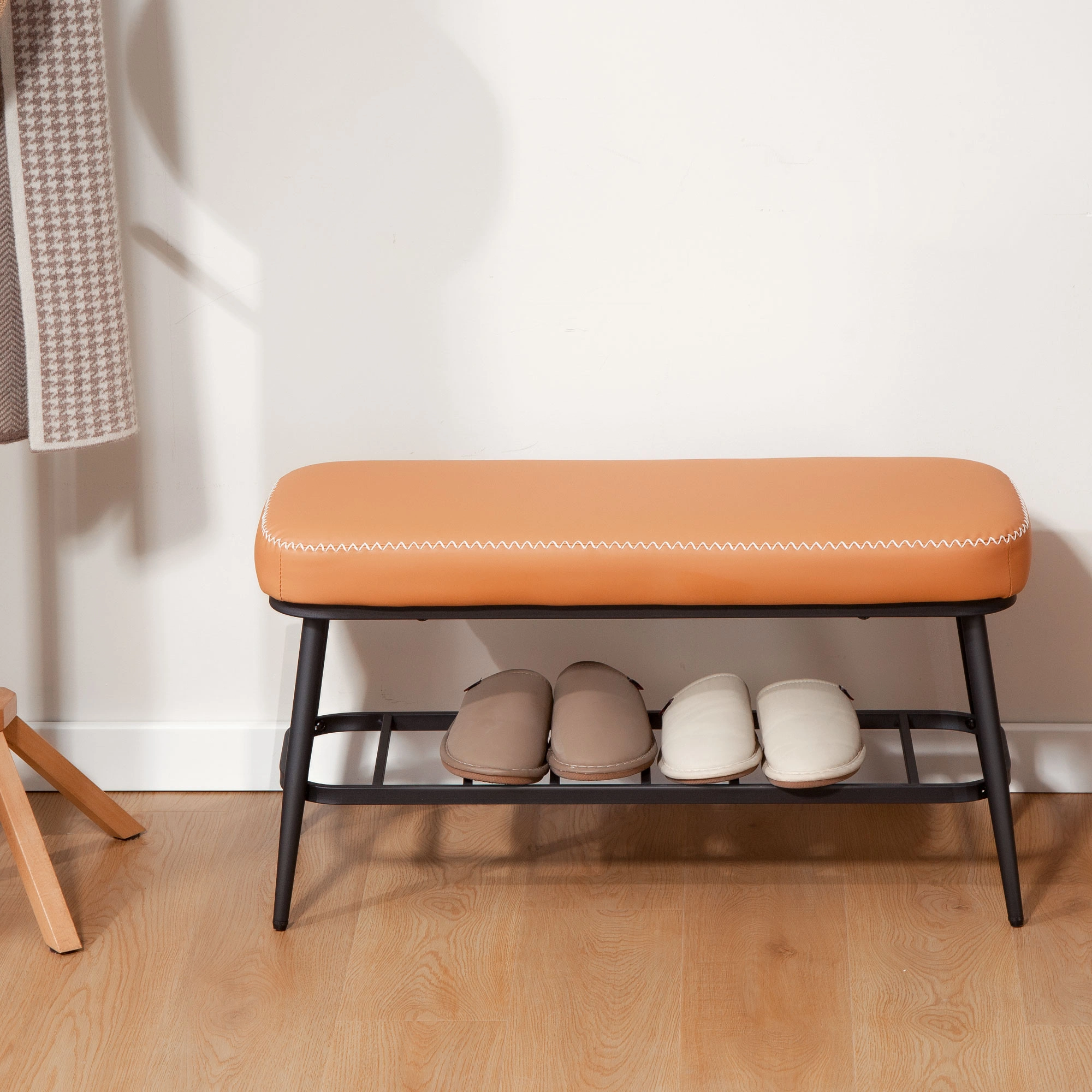 Leather Shoe Storage Bench for Entryway - Padded Sitting Bench with Hidden Shoe Organizer Compartment view 2