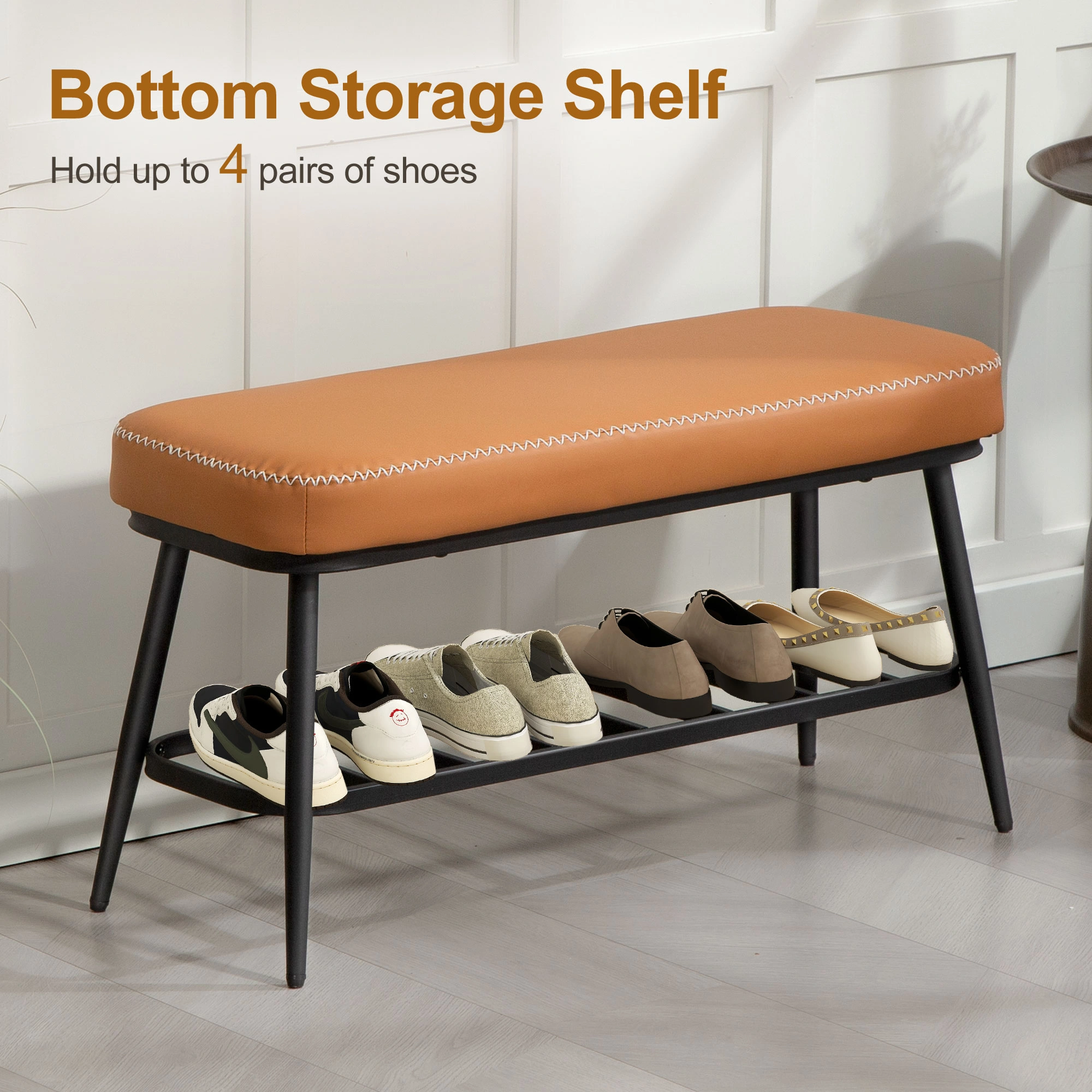 Leather Shoe Storage Bench for Entryway - Padded Sitting Bench with Hidden Shoe Organizer Compartment view 4