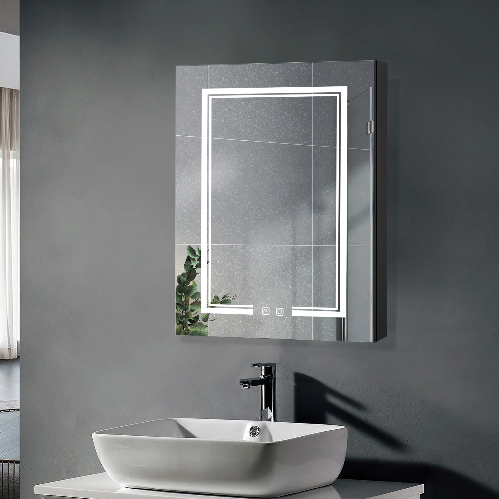 Black Bathroom Wall Cabinet 28x20 Inch, European Pine Wood with Anti-Fog Mirror, 3-Tone Adjustable LED Lighting, Power-Off Memory, 2 AC Plugs 2 USB Ports, 1 Door 2 Shelves view 2