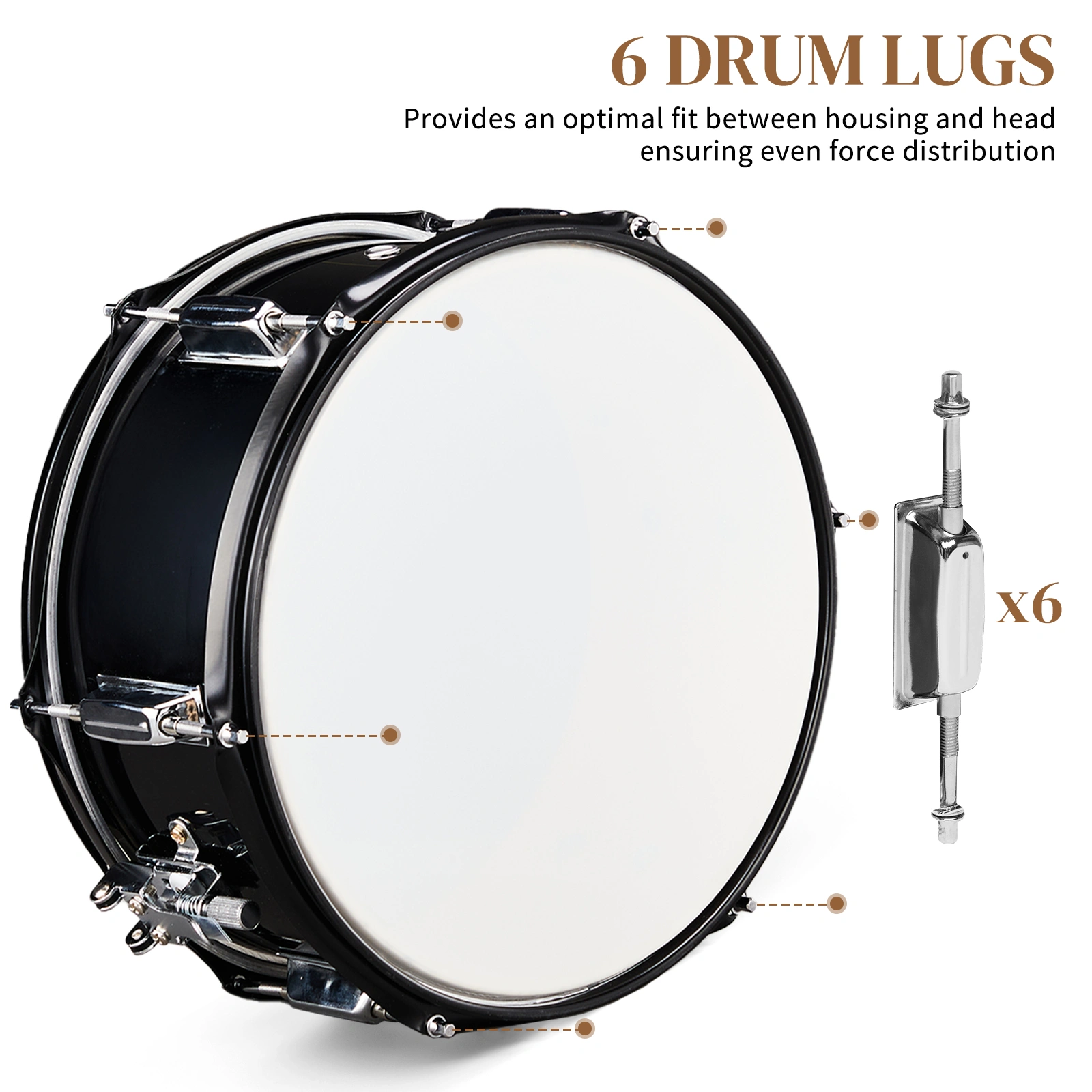 12x5.5 inch Professional Marching Snare Drum Kit - Black with Sticks, Strap & Wrench Set view 3