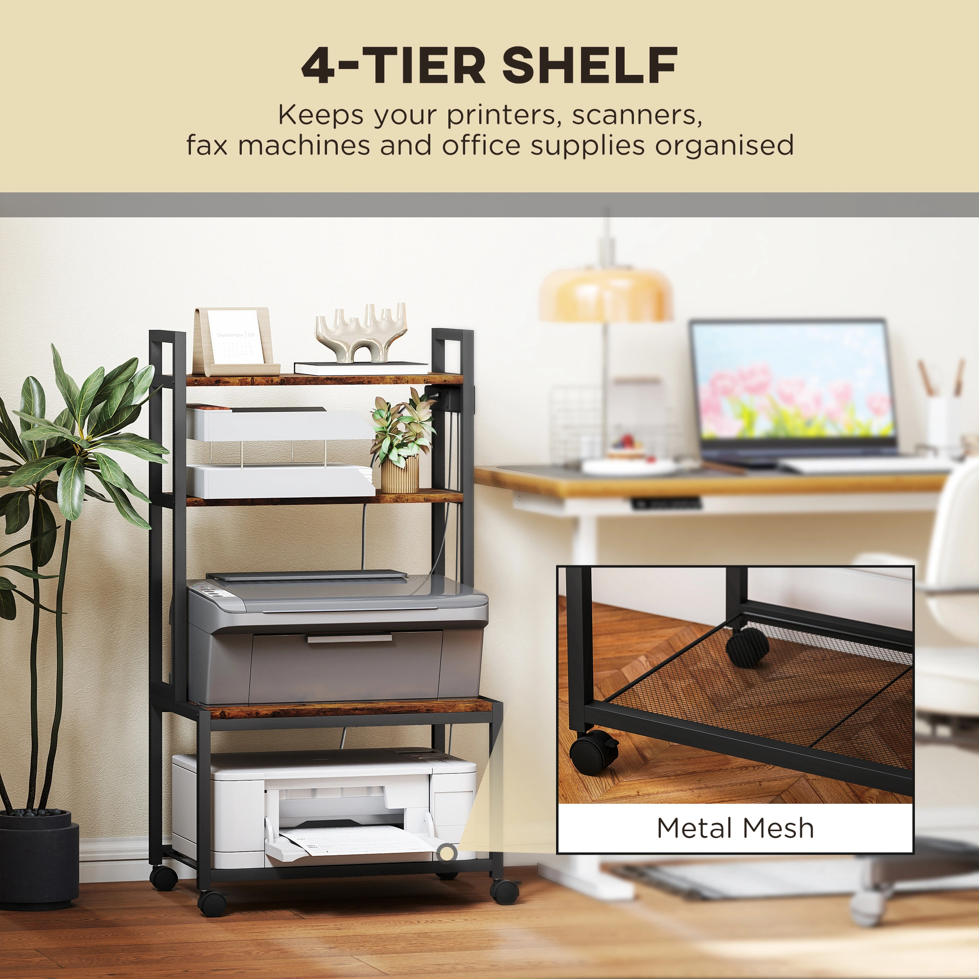 Adjustable Printer Stand, Open Shelving Desk Organizer for Home Office, Holds Inkjet & Laser Printers