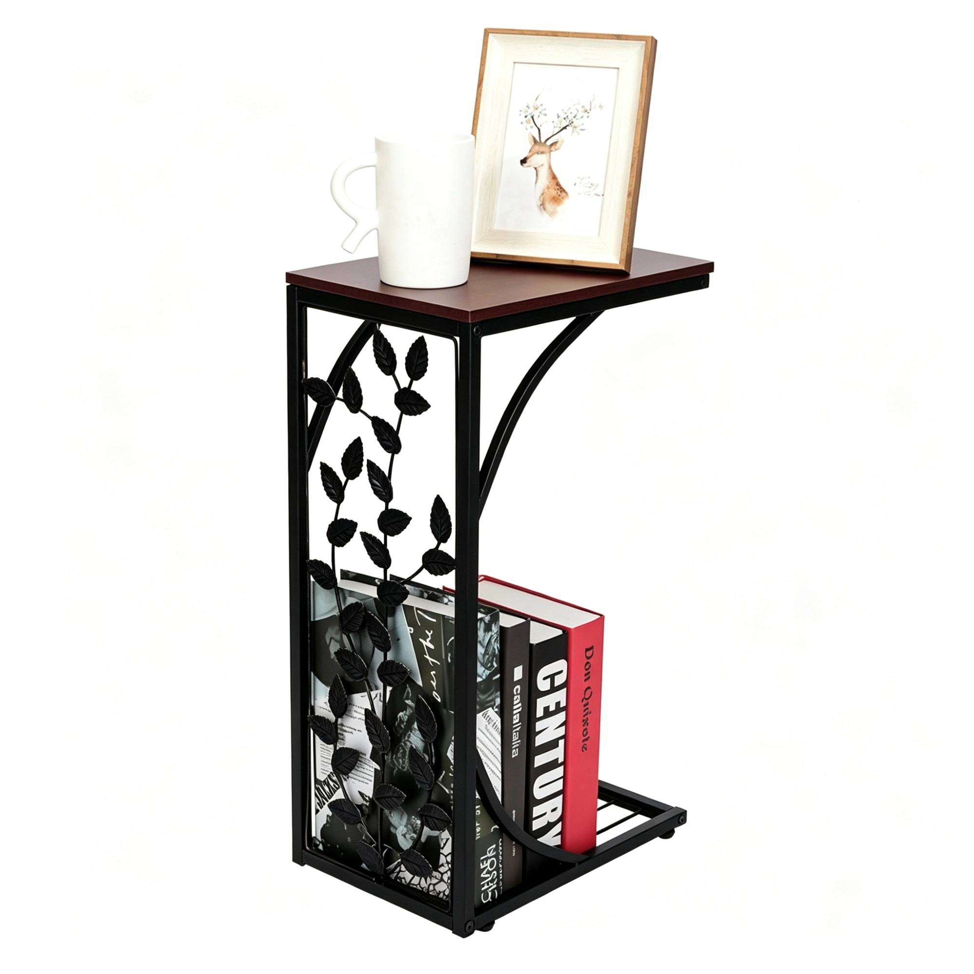 54x30.5x21cm Brown Leaf Pattern Iron Side Table, Indoor Outdoor Coffee Accent Table