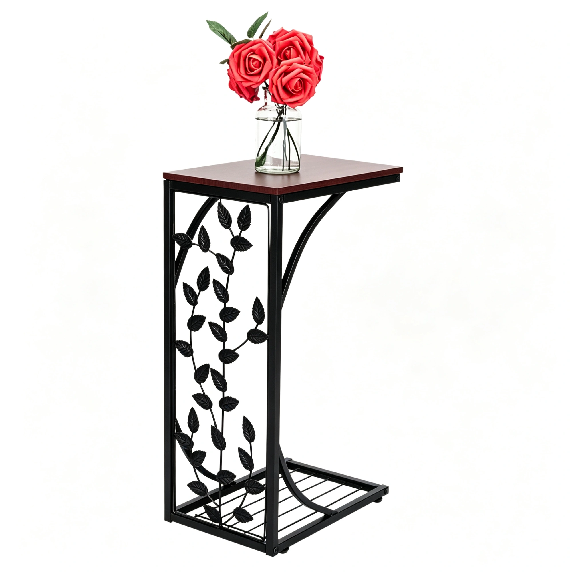 54x30.5x21cm Brown Leaf Pattern Iron Side Table, Indoor Outdoor Coffee Accent Table view 5