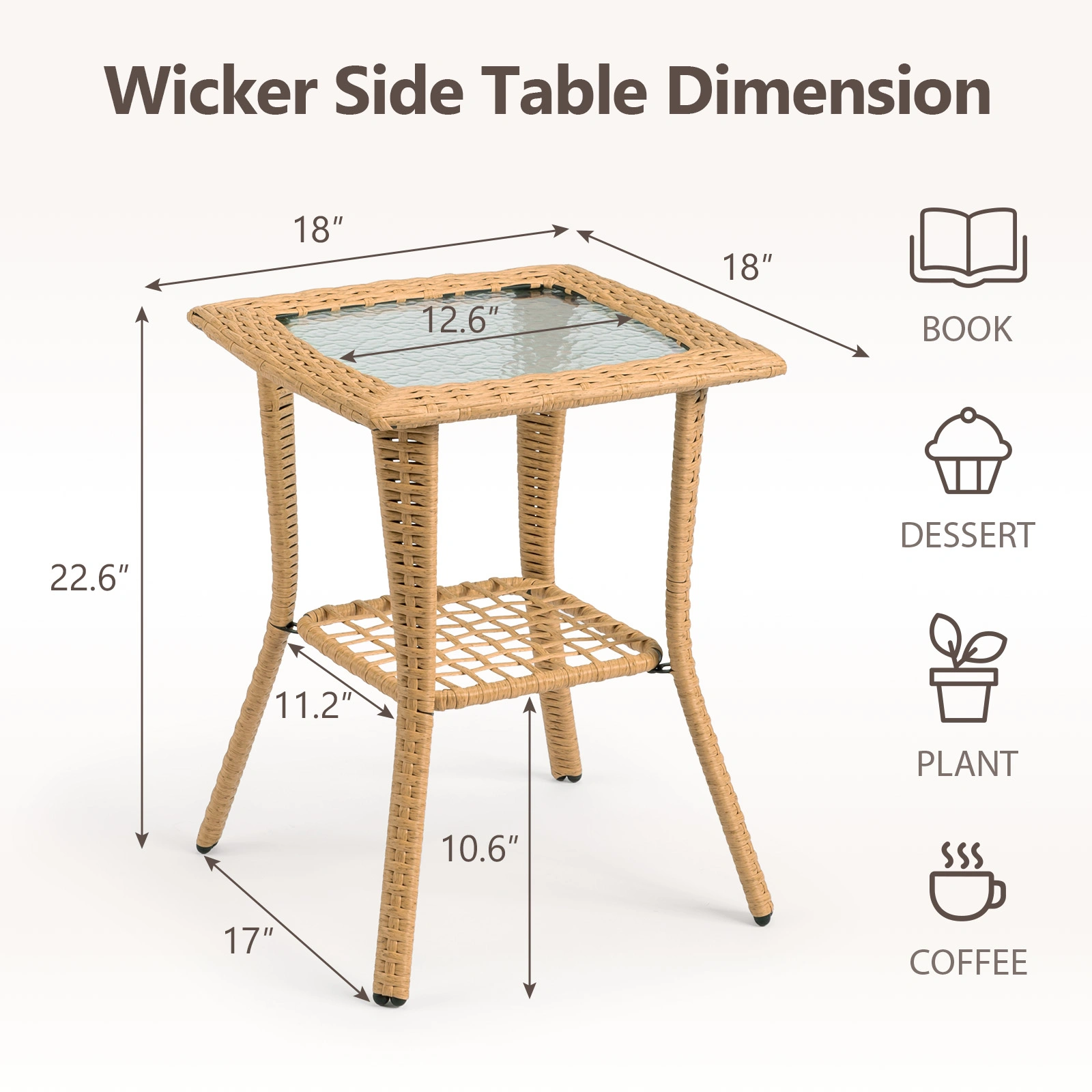 Outdoor Wicker Side Table, Rattan End Table with Glass Top, Patio Coffee Bistro Table for Indoor Garden Porch Balcony, Beige view 2