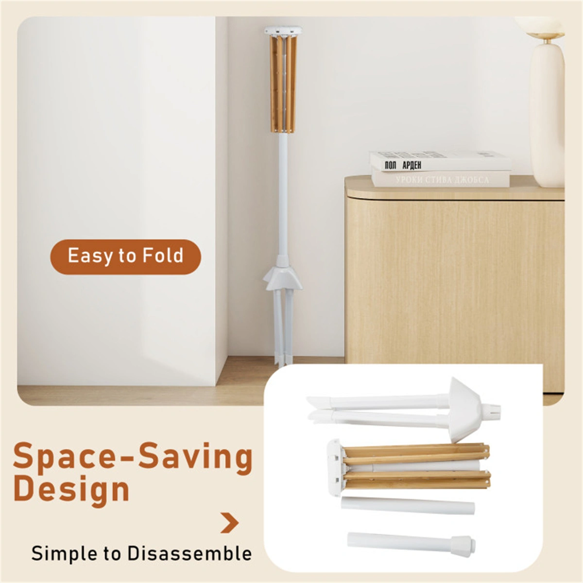 Foldable Bamboo Clothes Drying Rack with 40 Hanger Slots, Space Saving Laundry Drying Stand for Indoor Use view 4