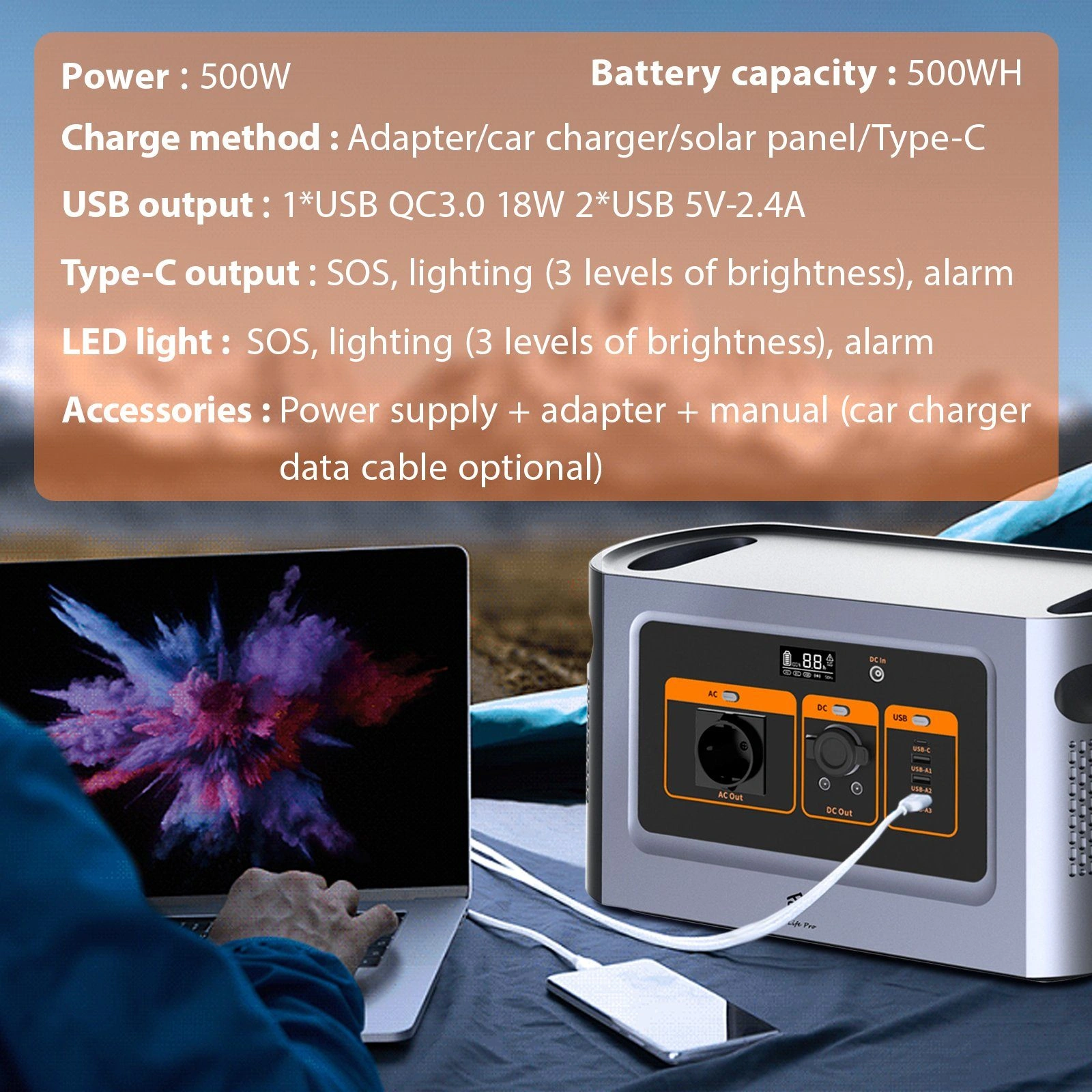 500Wh Portable Power Station 1008W, 450,000mAh 22.4V Quick Charge Generator for Camping, RV, Outdoor view 3