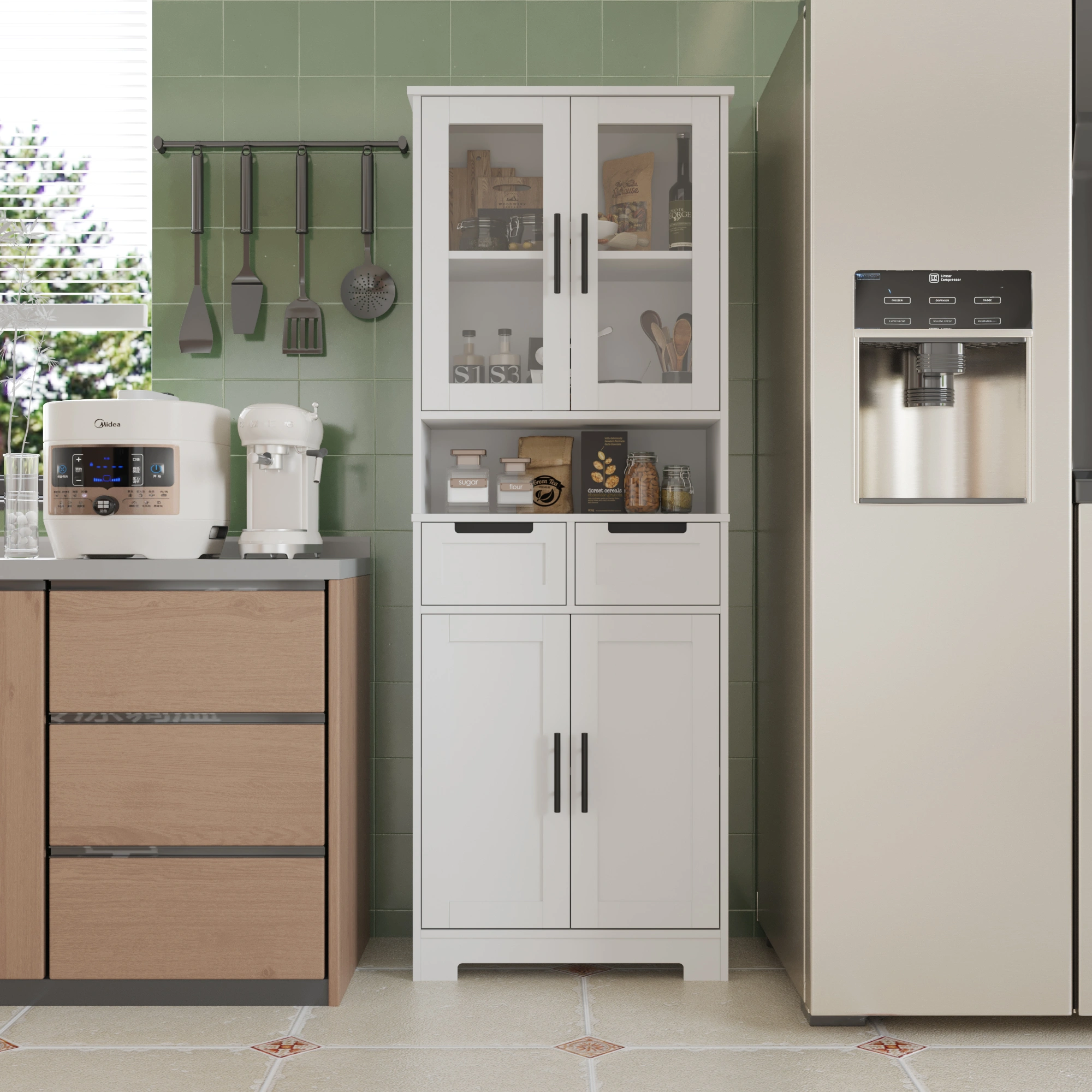 Tall Cabinet Sideboard with 4 Doors, 2 Drawers & Storage Compartment, MDF Painted, White