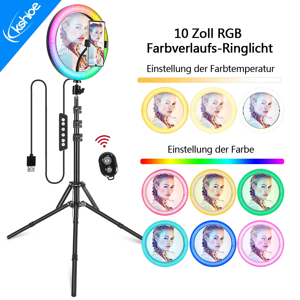 10 Inch RGB Ring Light with Beauty Mirror & Tripod Stand, EU Plug, Dimmable LED for Photography, Video, Makeup