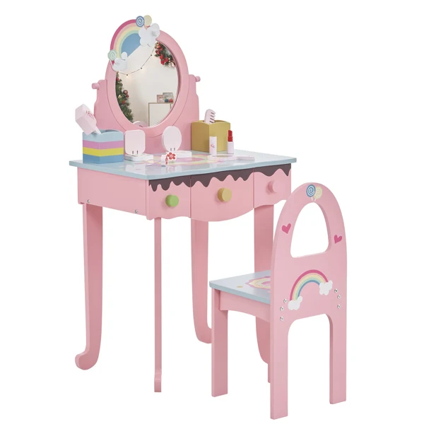 Kids Vanity Table and Chair Set with 7pcs Pretend Play Makeup Toys, Girls Vanity with Mirror & Stool, 3 Drawers & Tabletop Storage, Princess Table for Toddlers, Pink view 2