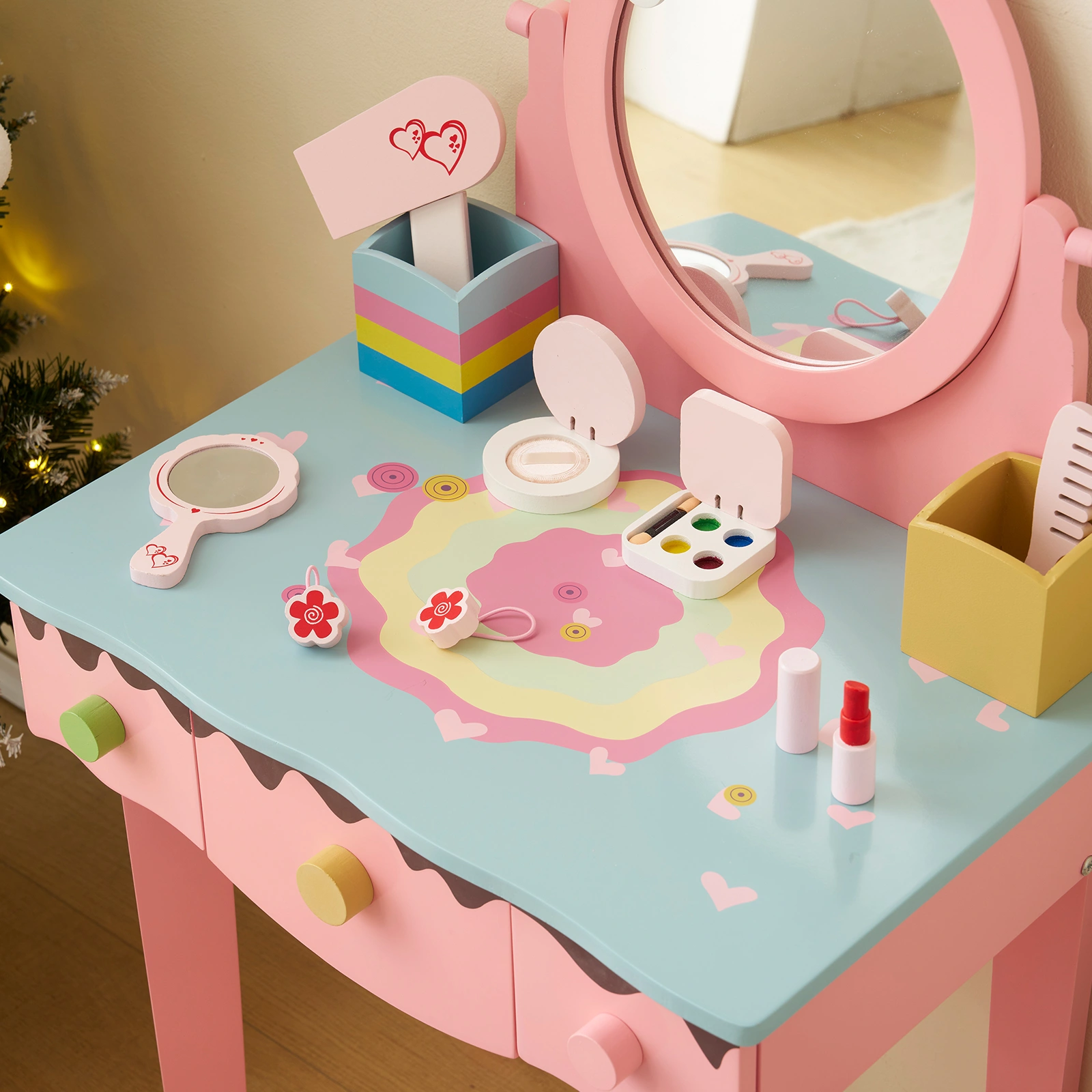 Kids Vanity Table and Chair Set with 7pcs Pretend Play Makeup Toys, Girls Vanity with Mirror & Stool, 3 Drawers & Tabletop Storage, Princess Table for Toddlers, Pink view 14