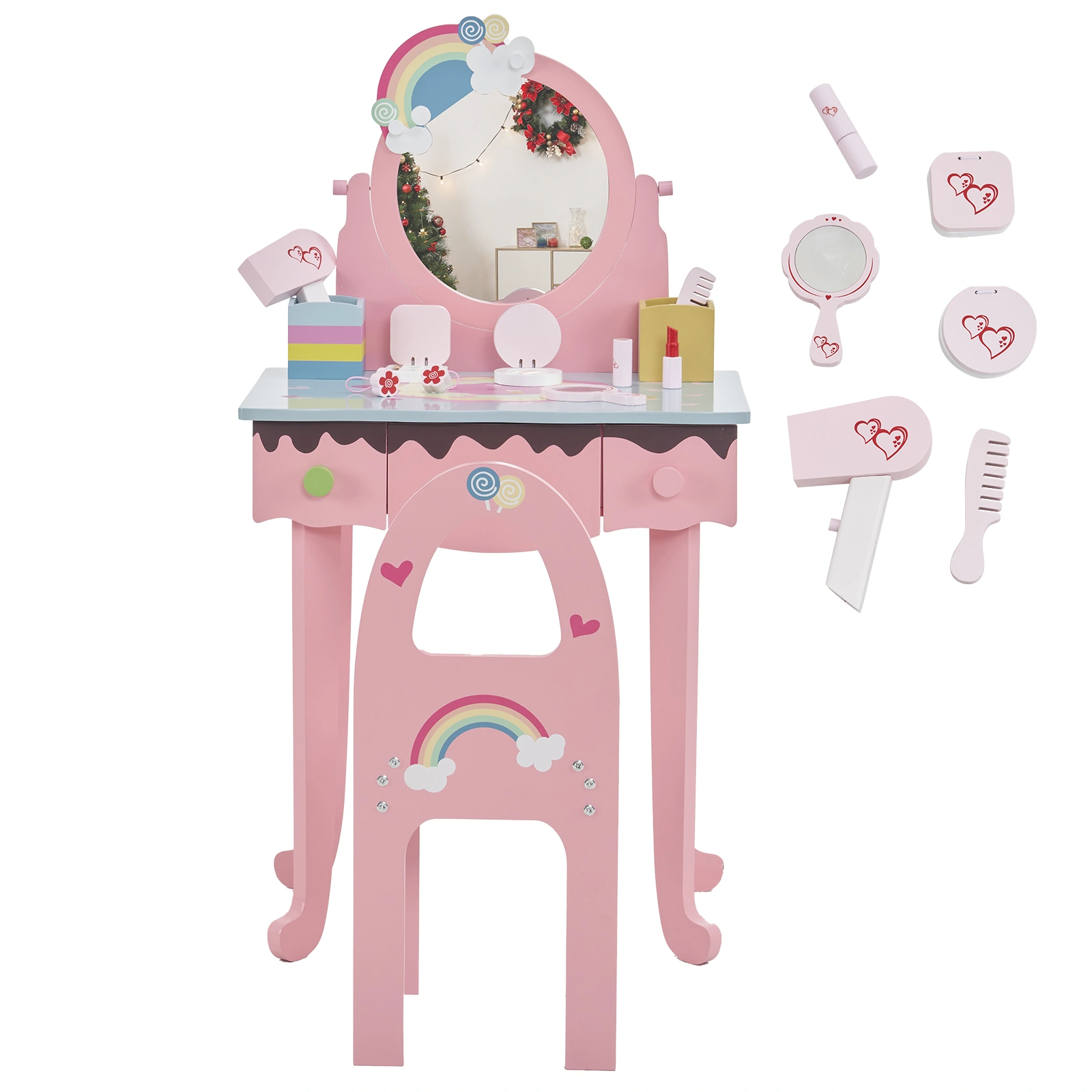 Kids Vanity Table and Chair Set with 7pcs Pretend Play Makeup Toys, Girls Vanity with Mirror & Stool, 3 Drawers & Tabletop Storage, Princess Table for Toddlers, Pink view 15