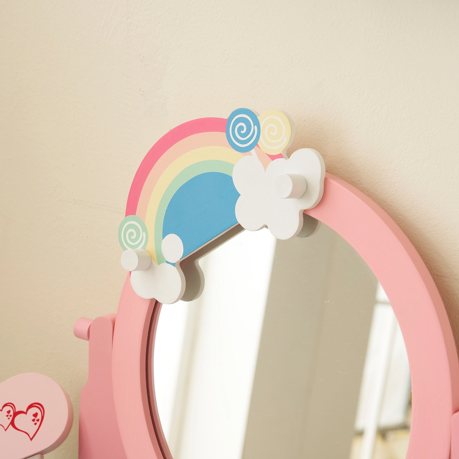 Kids Vanity Table and Chair Set with 7pcs Pretend Play Makeup Toys, Girls Vanity with Mirror & Stool, 3 Drawers & Tabletop Storage, Princess Table for Toddlers, Pink view 9