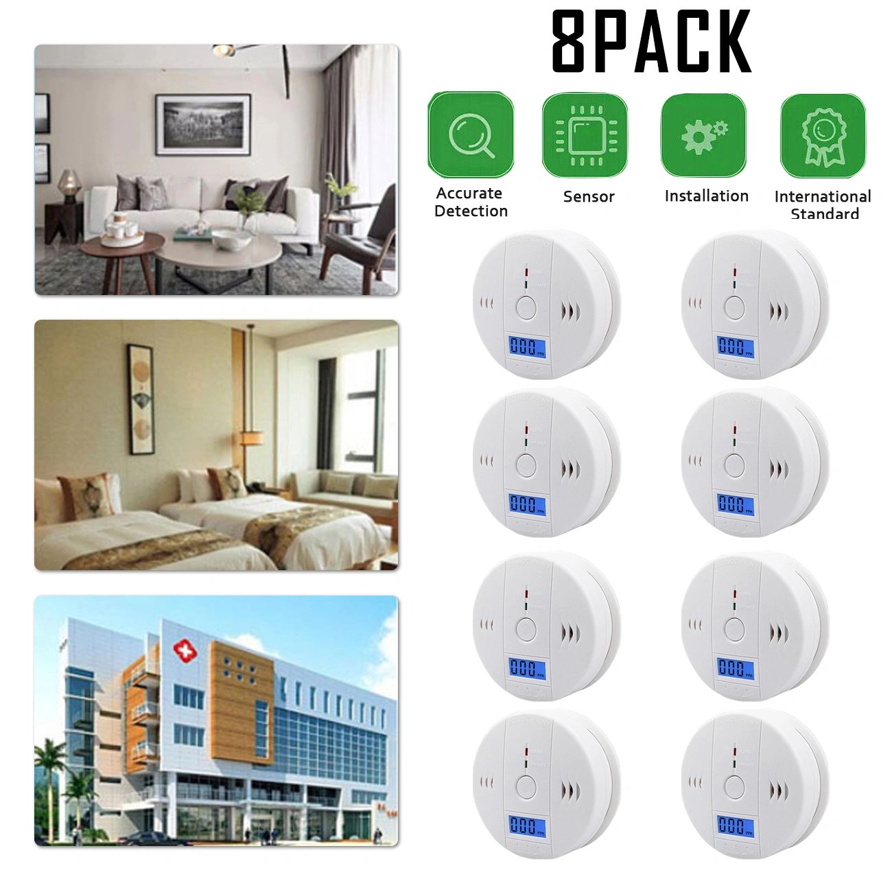 8-Pack CO Carbon Monoxide Gas Detector with LCD Display, Home Safety Alarm, US Shipping via USPS, Self-Pickup Available (TK/TMEU) view 8