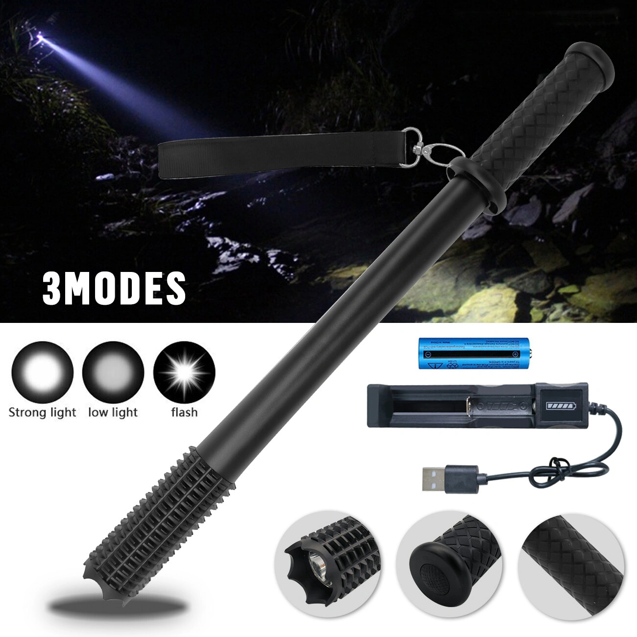 3-Mode USB Rechargeable LED Flashlight, Hiking Camping Outdoor Security Torch, Portable Waterproof Spotlight for Night Use