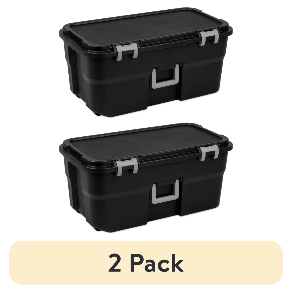 (2 pack)22 Gallon Large Wheeled , Heavy Duty Plastic Storage Trunk Container, Lockable with Wheels and Handle, Black (Shipment from Walmart)