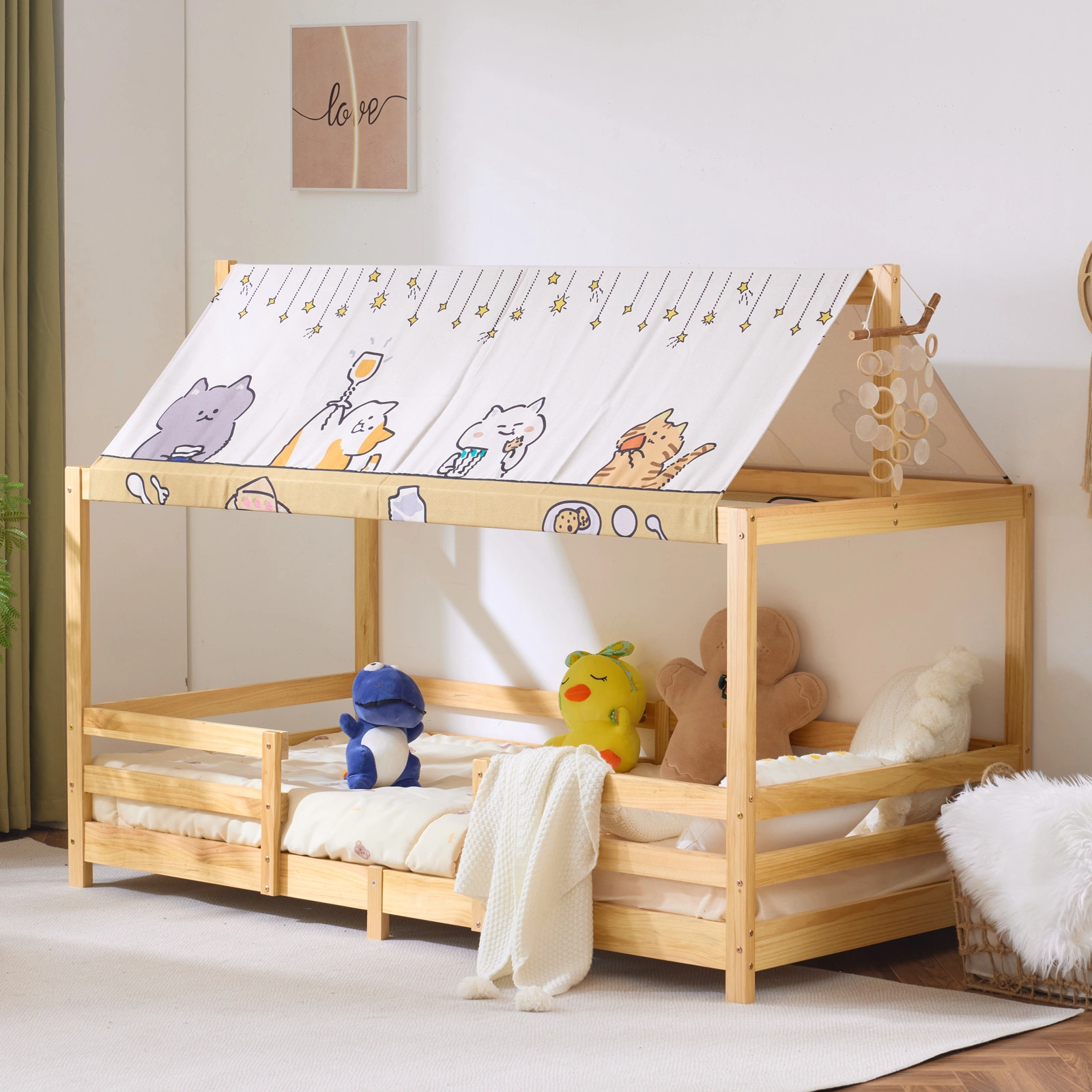 Kids Wooden Bed Frame with Canopy Roof, Pine Wood Children's Bed, 205x95x141cm, Natural Finish with Fabric Canopy view 3